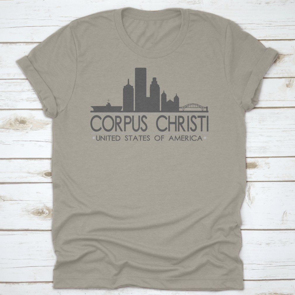 A stylish cotton t-shirt featuring the Corpus Christi Texas skyline design, perfect for travel lovers.