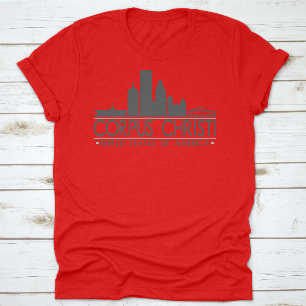 A stylish cotton t-shirt featuring the Corpus Christi Texas skyline design, perfect for travel lovers.