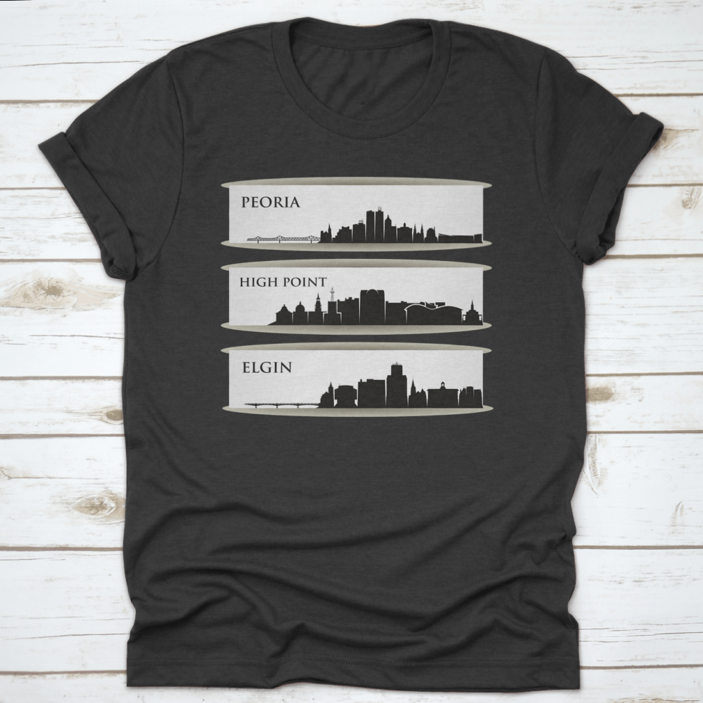 United States Cities Skylines apparel featuring Peoria, Elgin, and High Point designs, made from high-quality cotton.