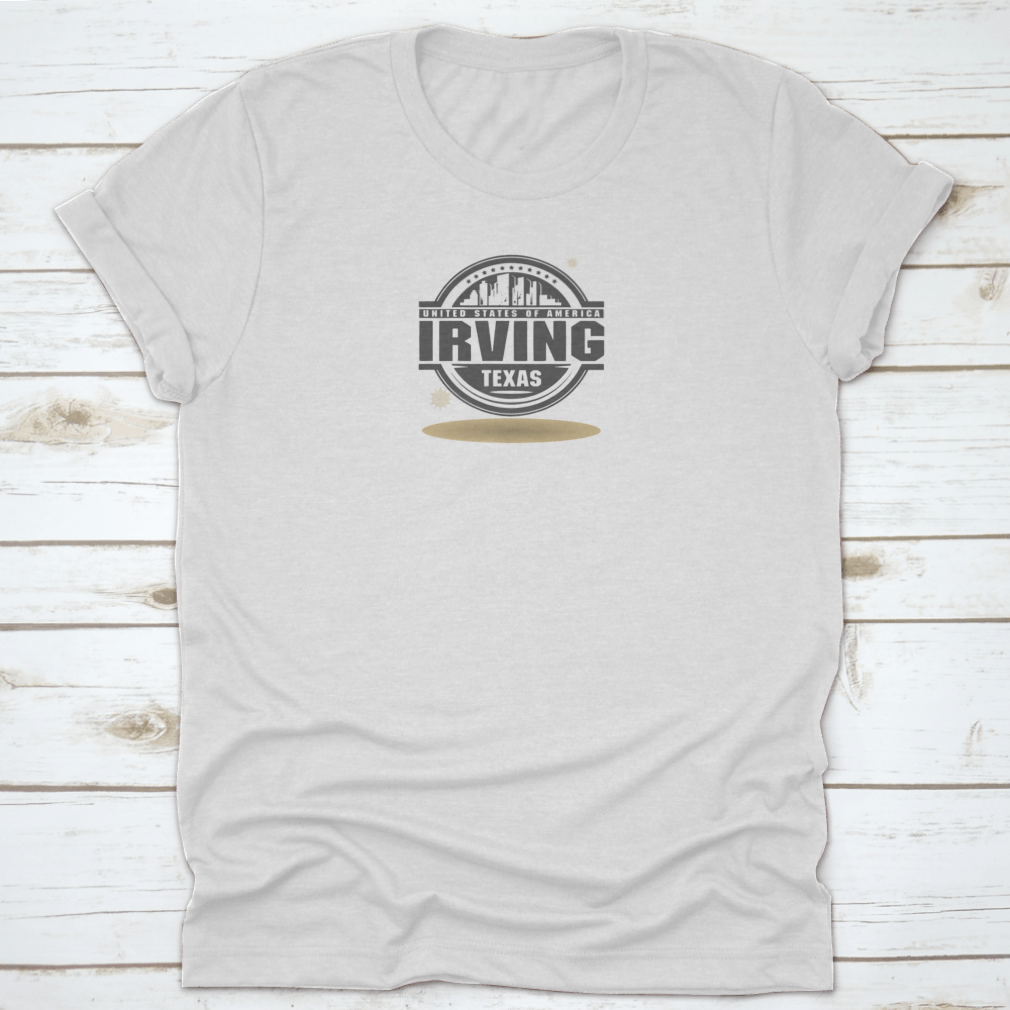 A stylish shirt featuring the Irving Texas label stamp logo design, made from 100% cotton, showcasing comfort and quality.