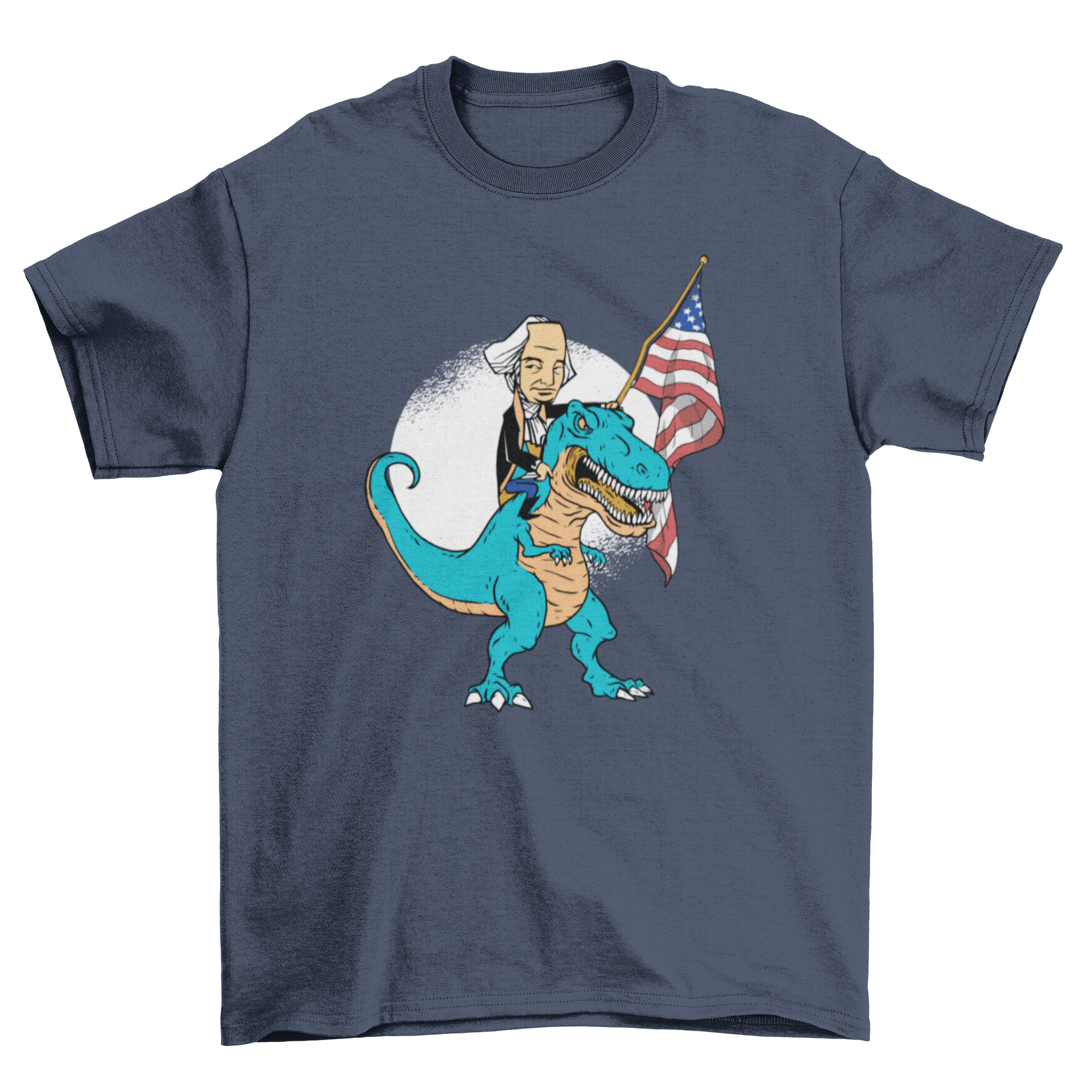 A graphic T-shirt featuring a whimsical design of a United States President riding a T-rex, showcasing humor and patriotism.