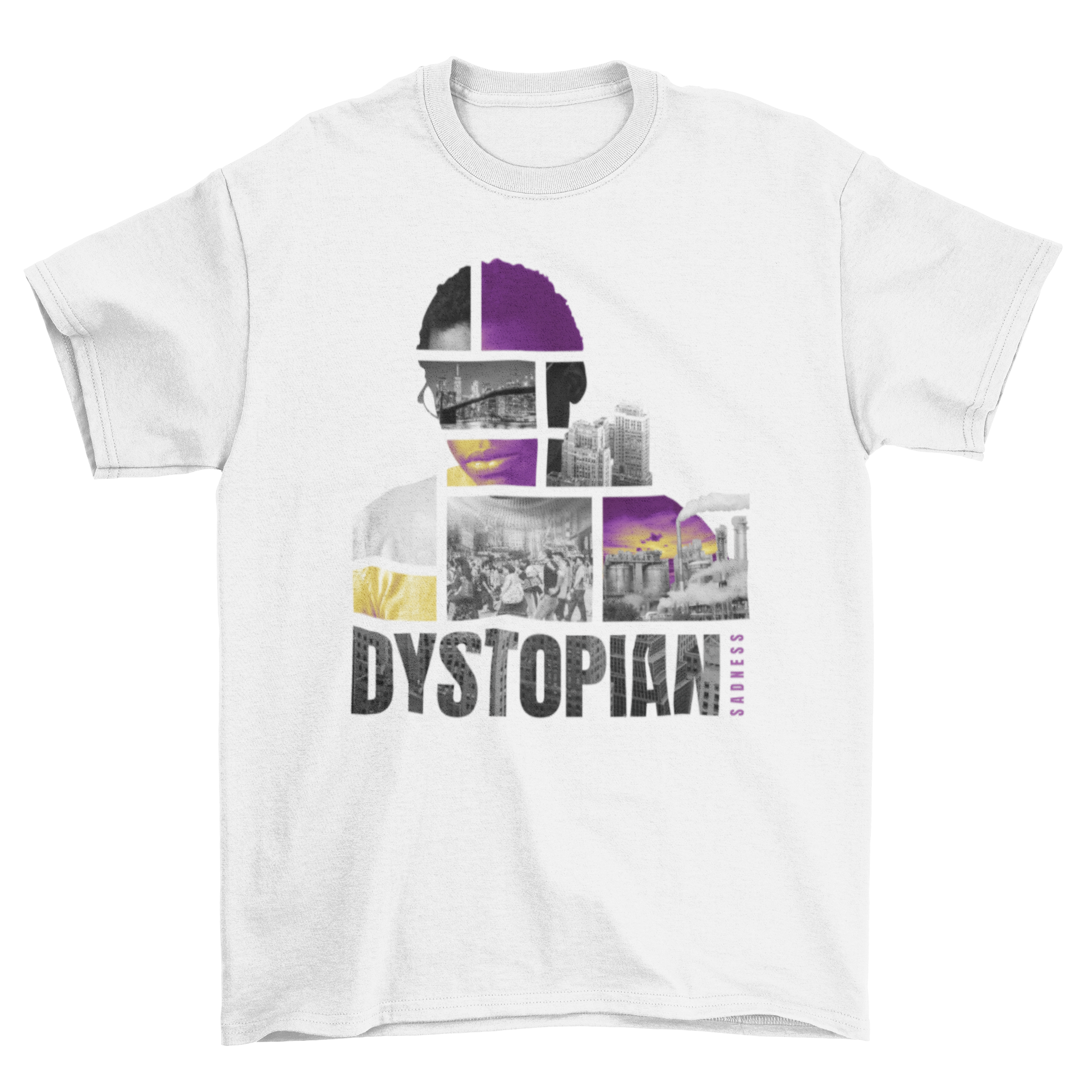 Urban City Dystopian Collage T-Shirt featuring vibrant city imagery of crowds, buildings, and cars.
