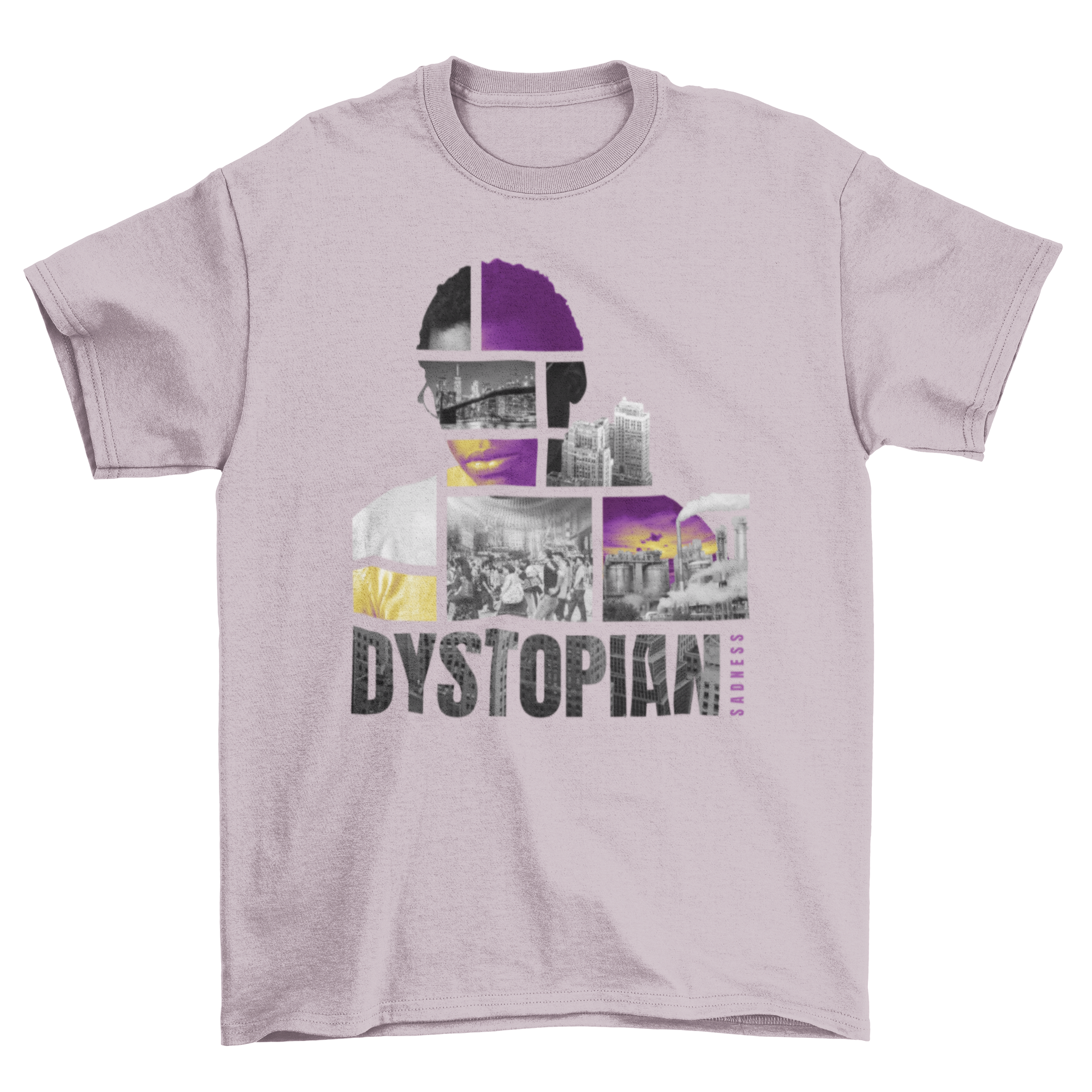 Urban City Dystopian Collage T-Shirt featuring vibrant city imagery of crowds, buildings, and cars.