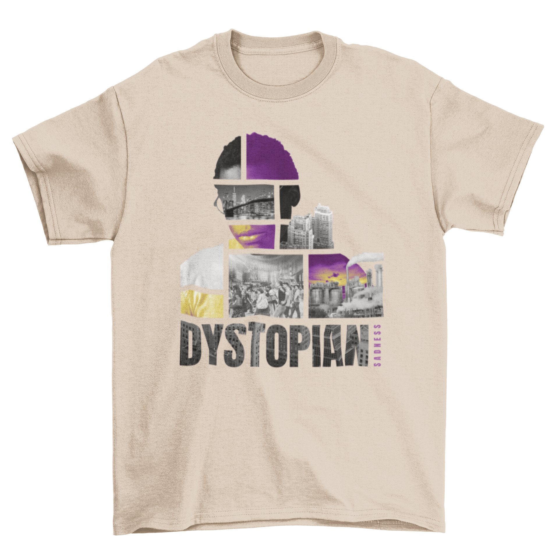 Urban City Dystopian Collage T-Shirt featuring vibrant city imagery of crowds, buildings, and cars.