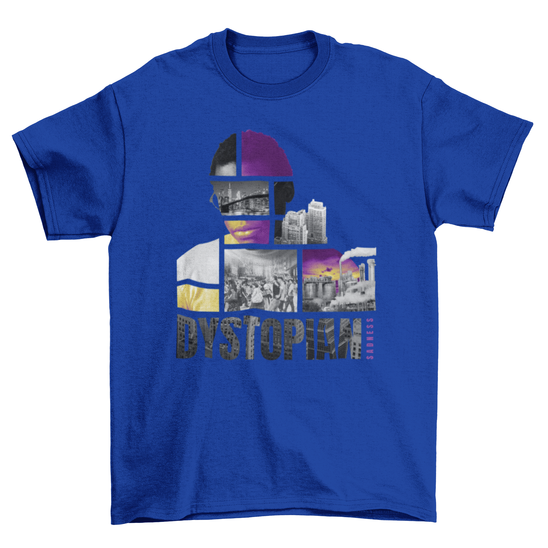 Urban City Dystopian Collage T-Shirt featuring vibrant city imagery of crowds, buildings, and cars.