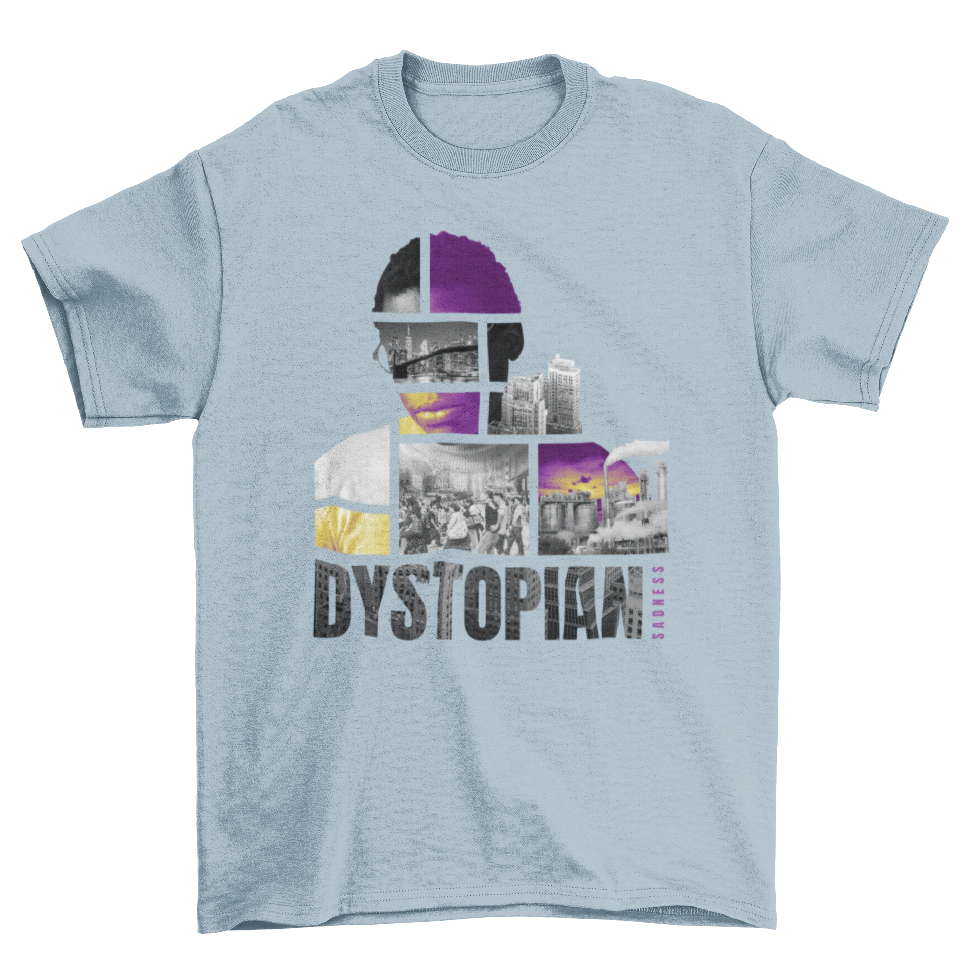 Urban City Dystopian Collage T-Shirt featuring vibrant city imagery of crowds, buildings, and cars.