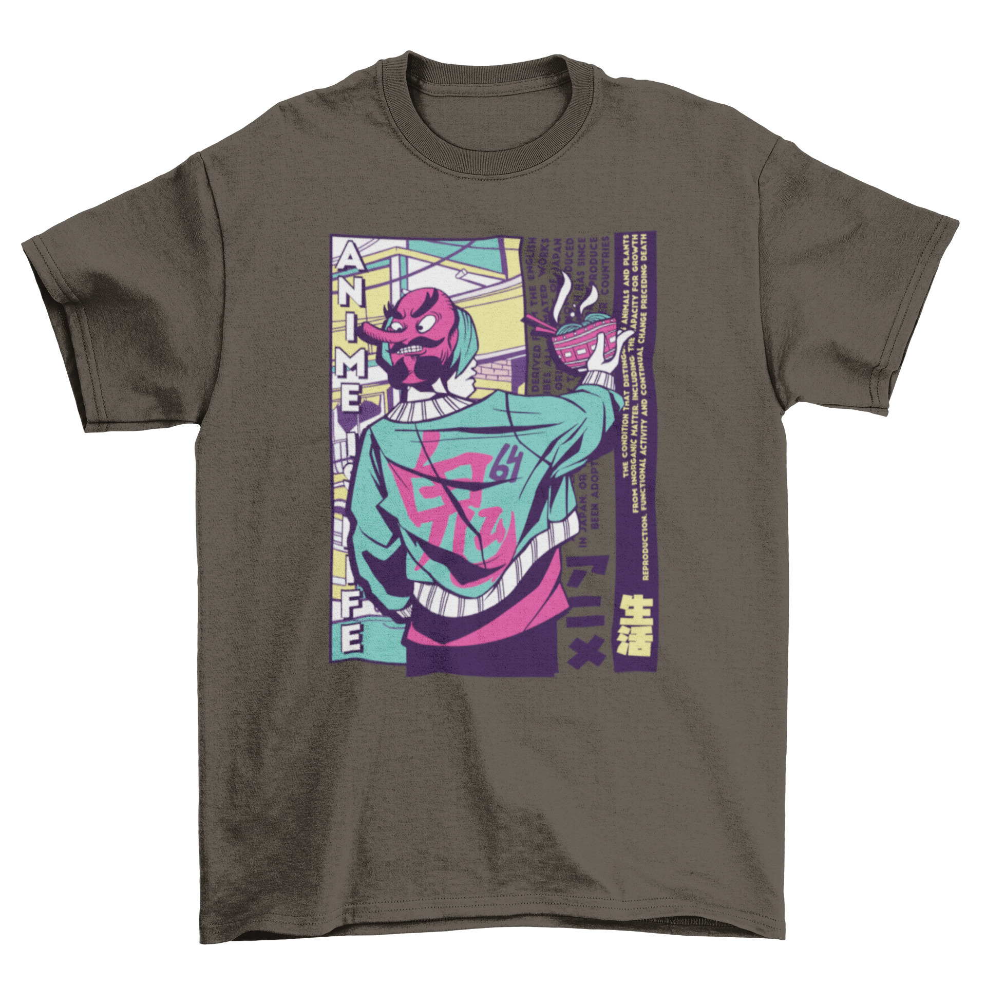 Urban Japanese guy t-shirt featuring an anime-style illustration of a man eating ramen noodles.