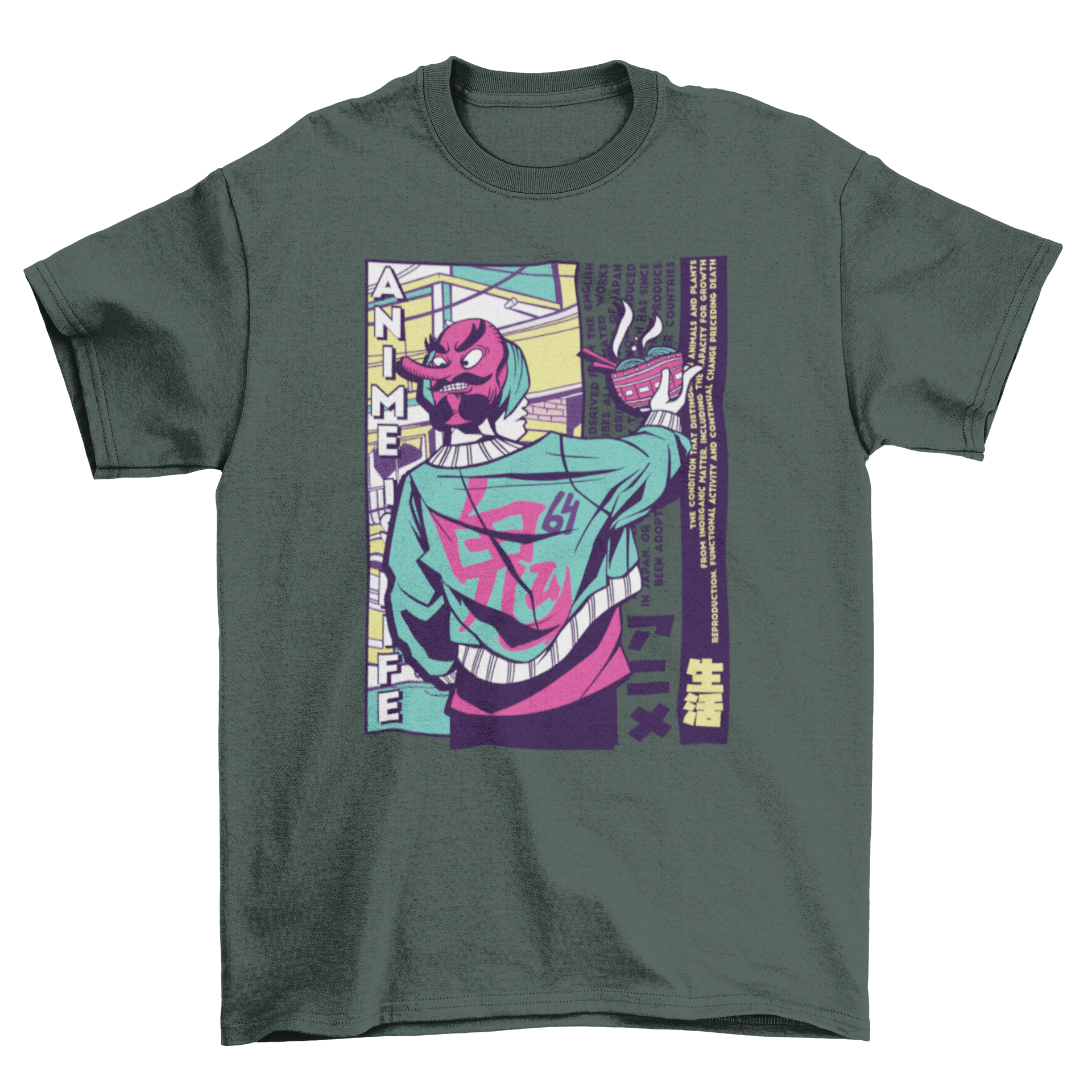 Urban Japanese guy t-shirt featuring an anime-style illustration of a man eating ramen noodles.