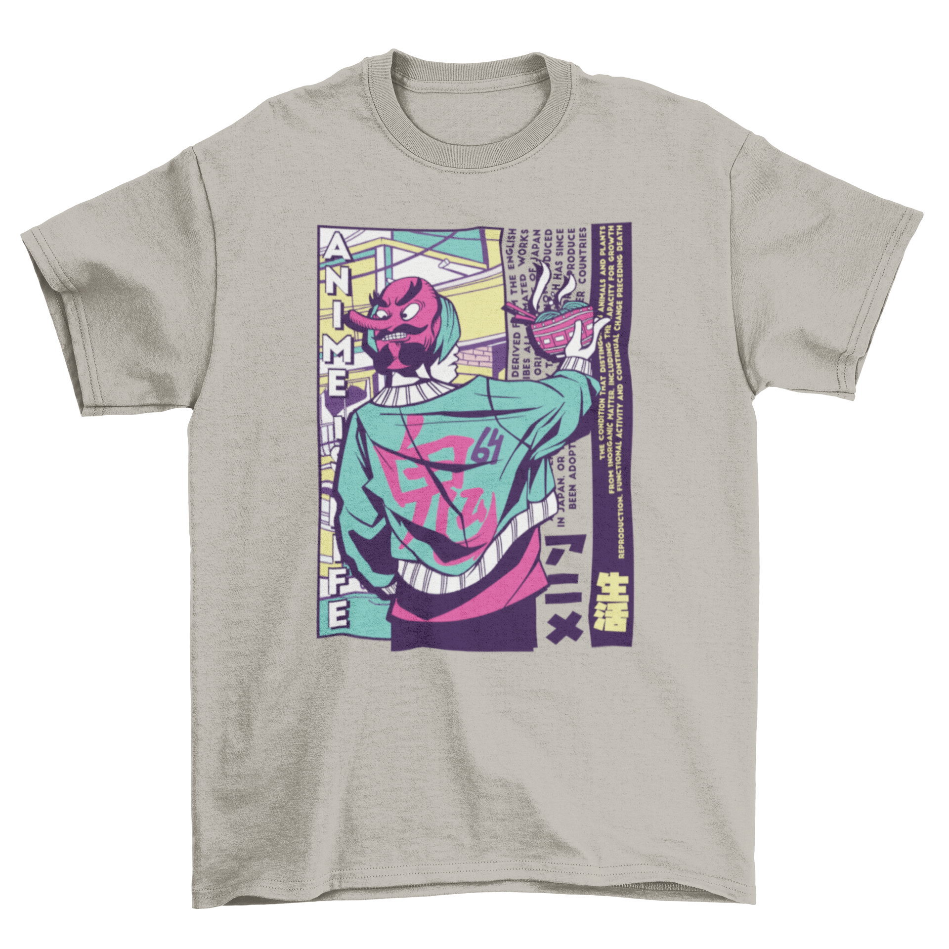 Urban Japanese guy t-shirt featuring an anime-style illustration of a man eating ramen noodles.