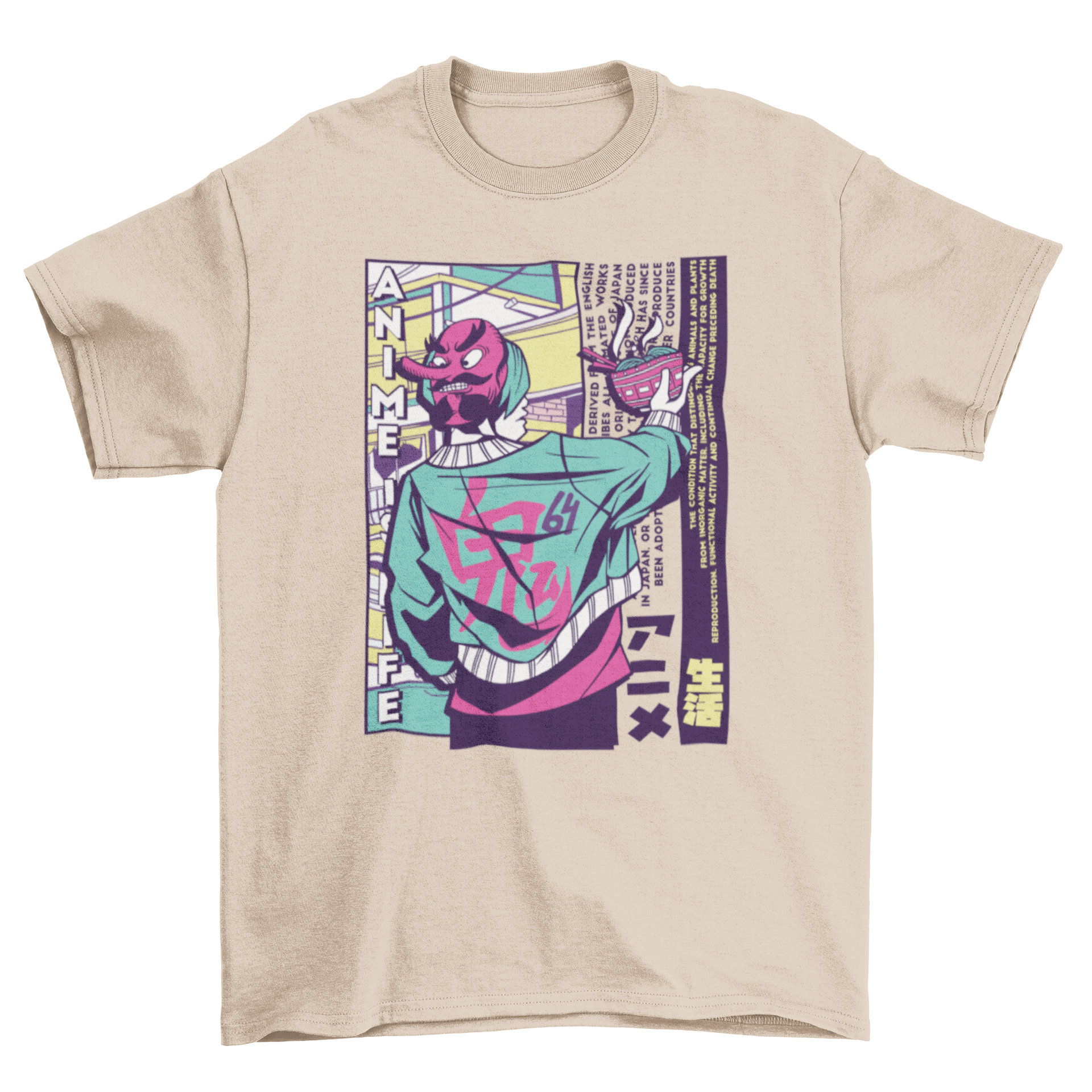 Urban Japanese guy t-shirt featuring an anime-style illustration of a man eating ramen noodles.