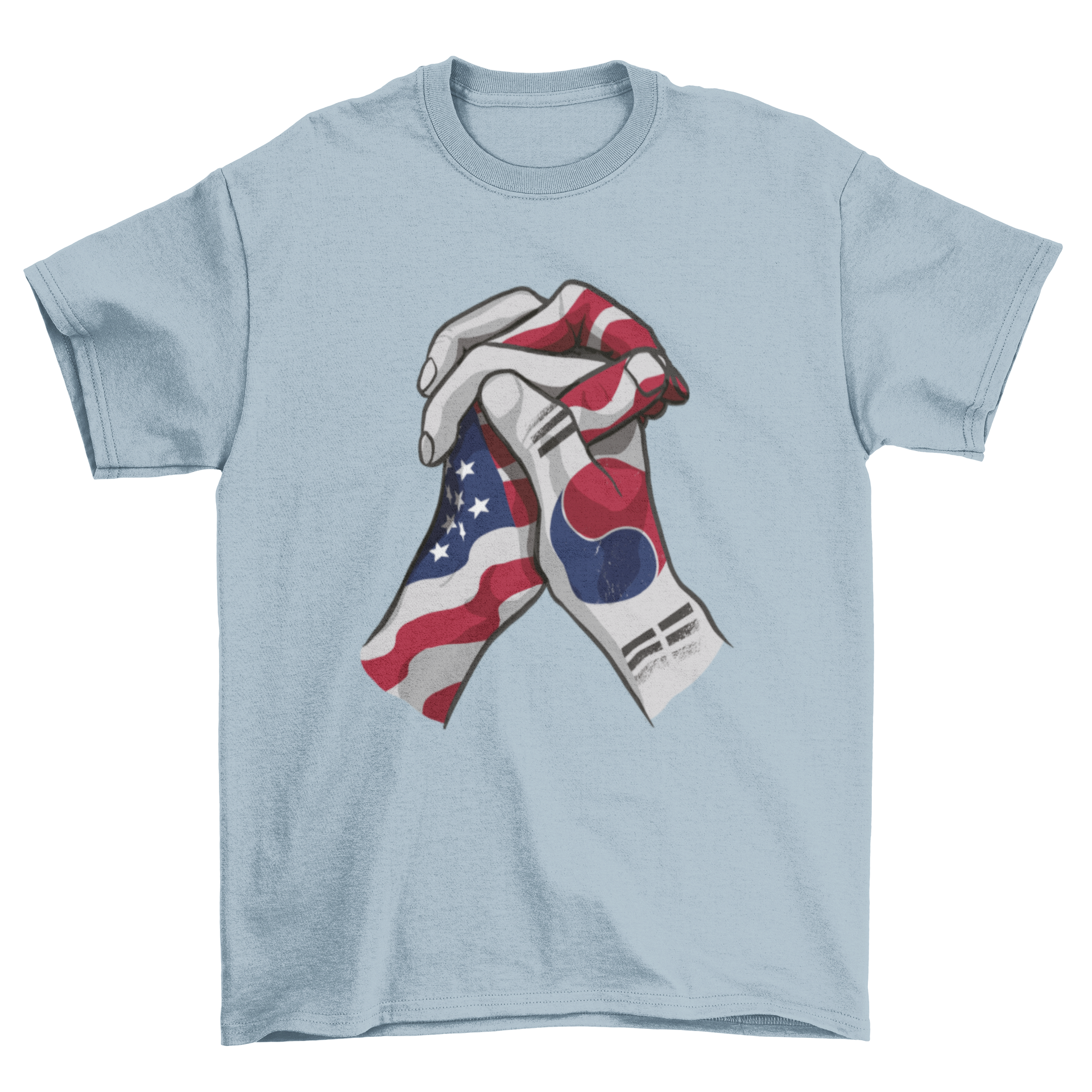 A stylish t-shirt featuring two hands holding, decorated with the American and South Korean flags, symbolizing friendship.