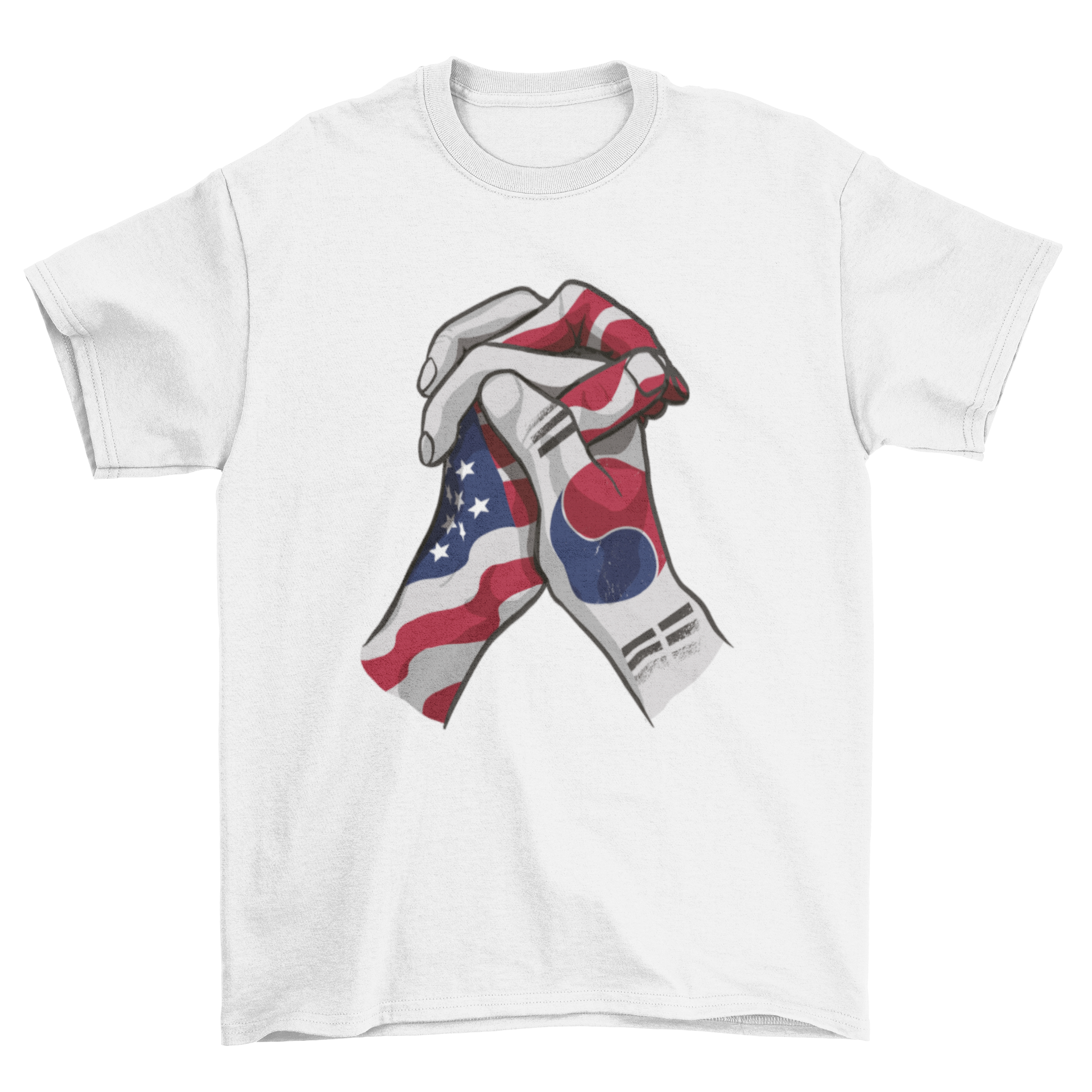 A stylish t-shirt featuring two hands holding, decorated with the American and South Korean flags, symbolizing friendship.
