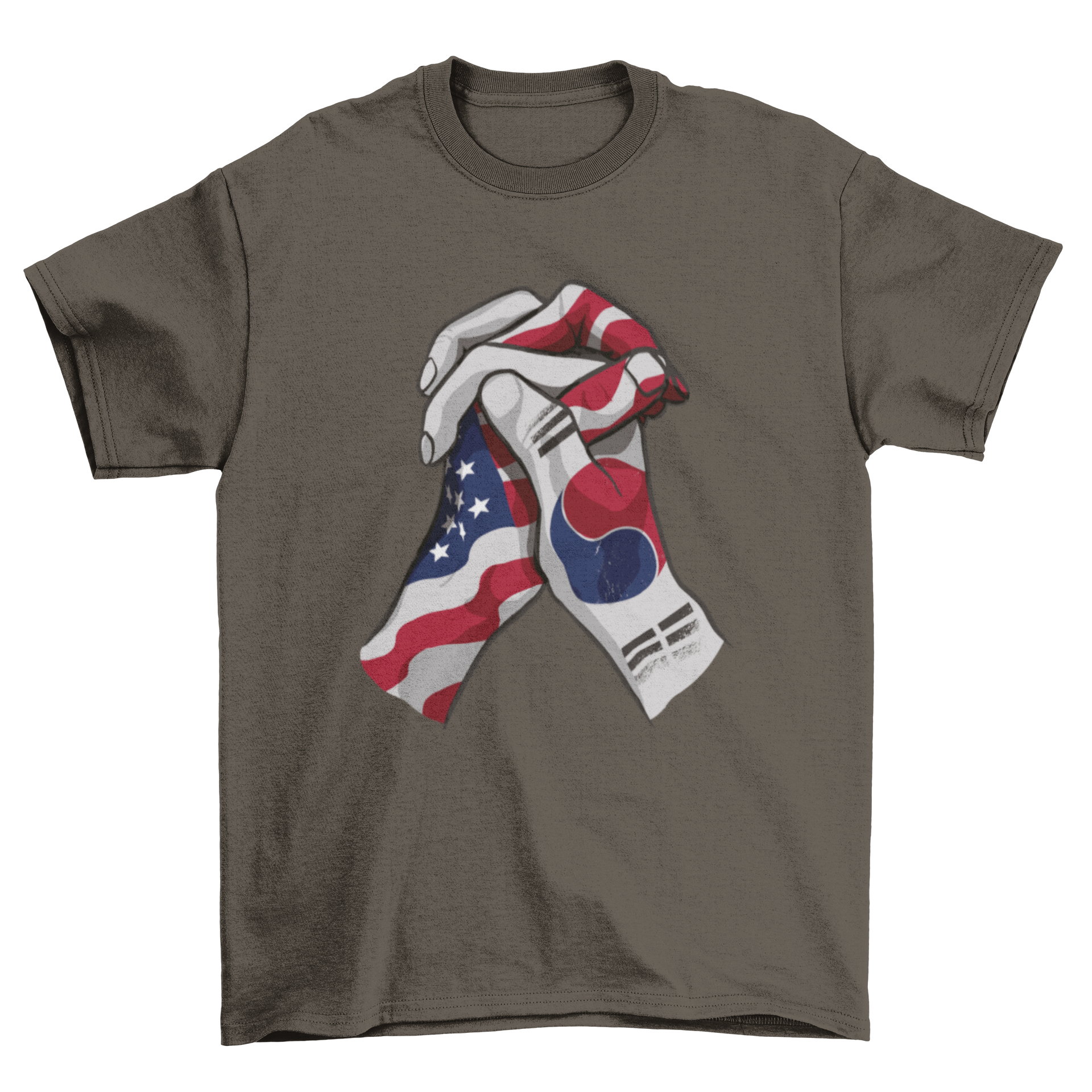 A stylish t-shirt featuring two hands holding, decorated with the American and South Korean flags, symbolizing friendship.