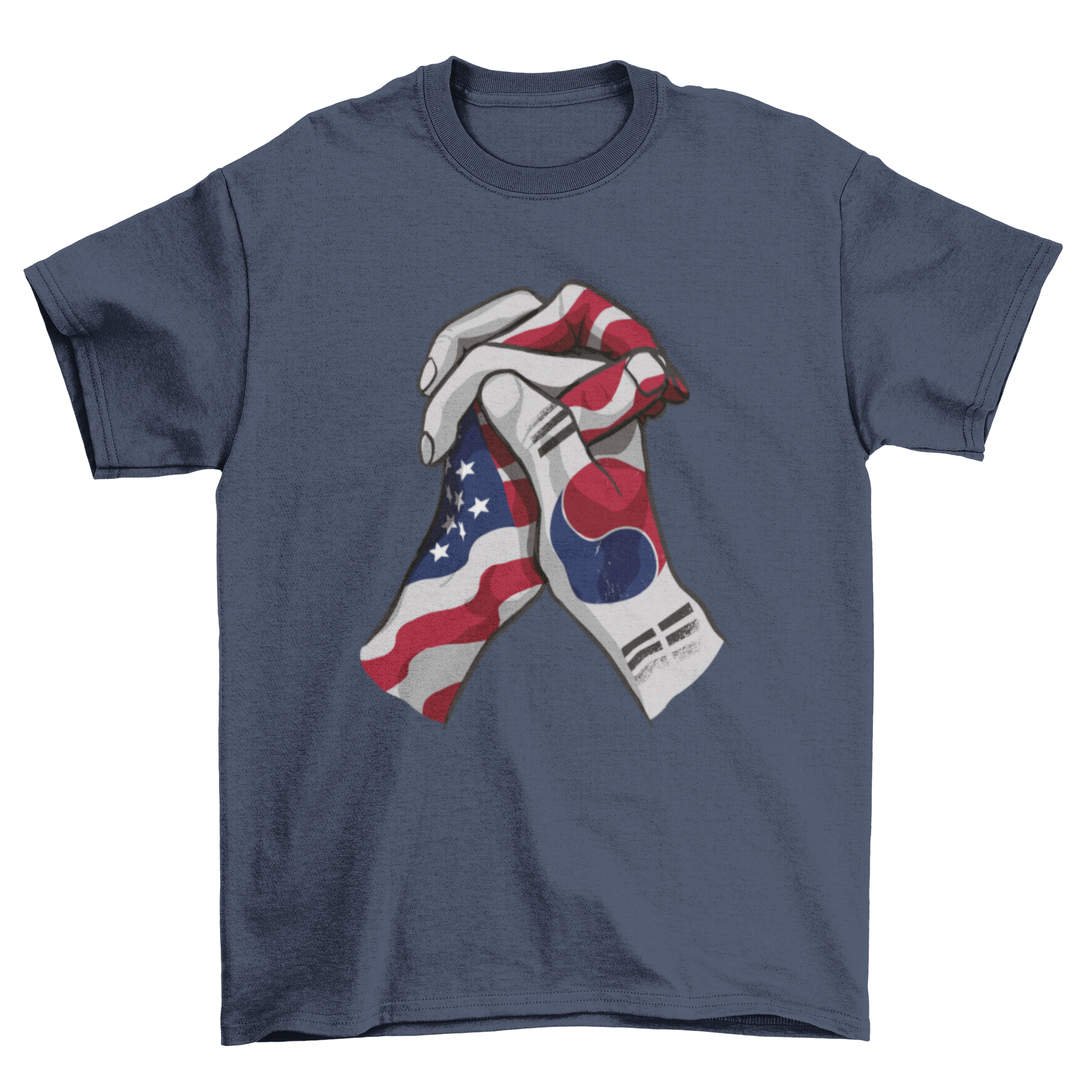 A stylish t-shirt featuring two hands holding, decorated with the American and South Korean flags, symbolizing friendship.