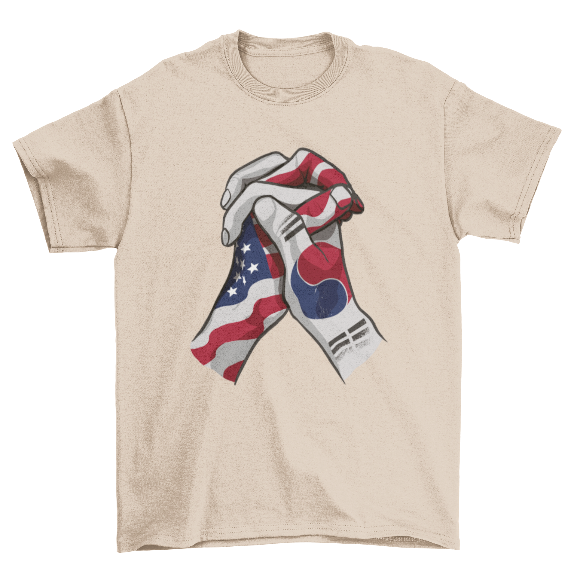 A stylish t-shirt featuring two hands holding, decorated with the American and South Korean flags, symbolizing friendship.