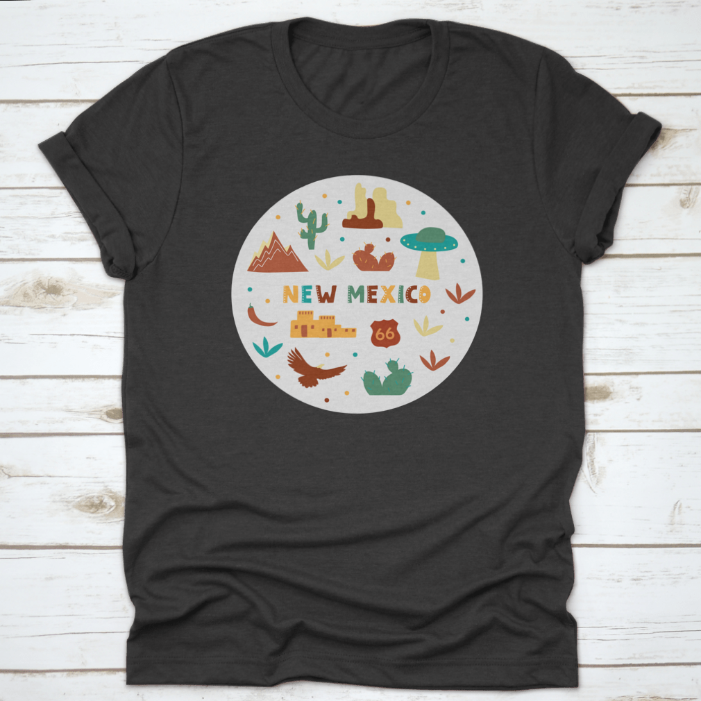 A stylish New Mexico themed shirt featuring state symbols, made from soft cotton fabric, perfect for casual wear.