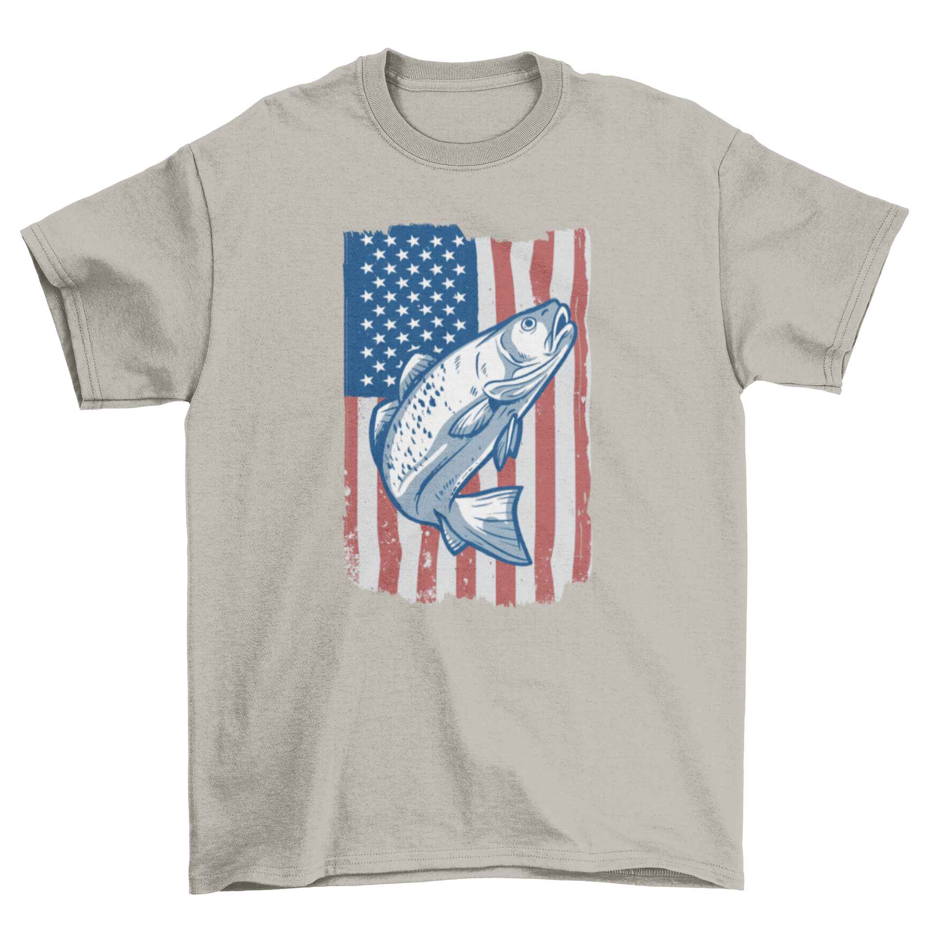 A stylish t-shirt featuring a fish design in front of the United States flag, showcasing patriotism and love for fishing.