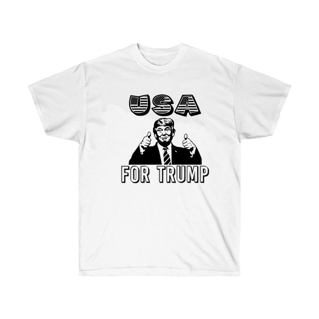 USA for Trump White T-Shirt made of soft cotton, featuring a unisex retail fit, ideal for casual wear.
