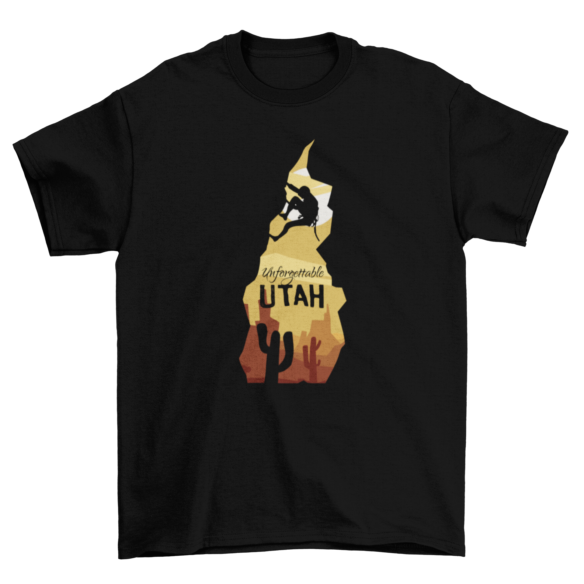 Utah Climbing T-shirt featuring a climber in a mountainous landscape with the text 'UNFORGETTABLE UTAH'.