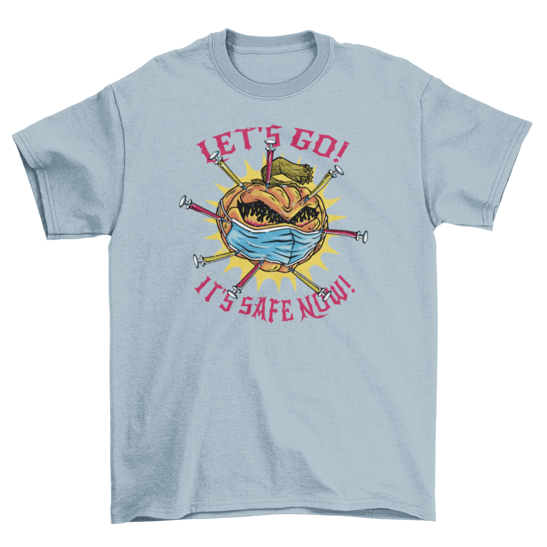 A vibrant t-shirt featuring a pumpkin wearing a face mask and vaccines, with the quote 'Let's go! It's safe now!' printed below.