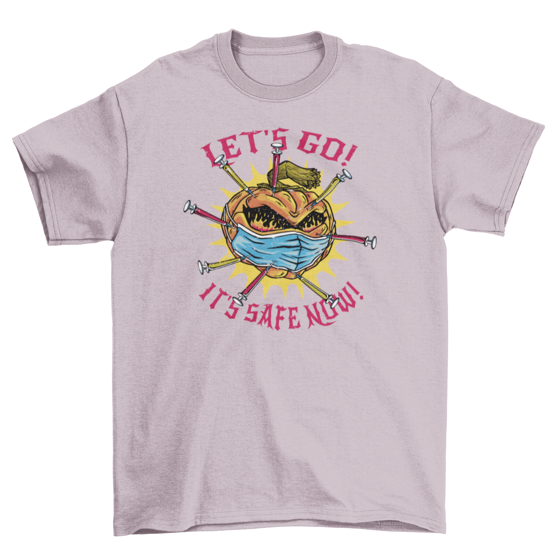 A vibrant t-shirt featuring a pumpkin wearing a face mask and vaccines, with the quote 'Let's go! It's safe now!' printed below.