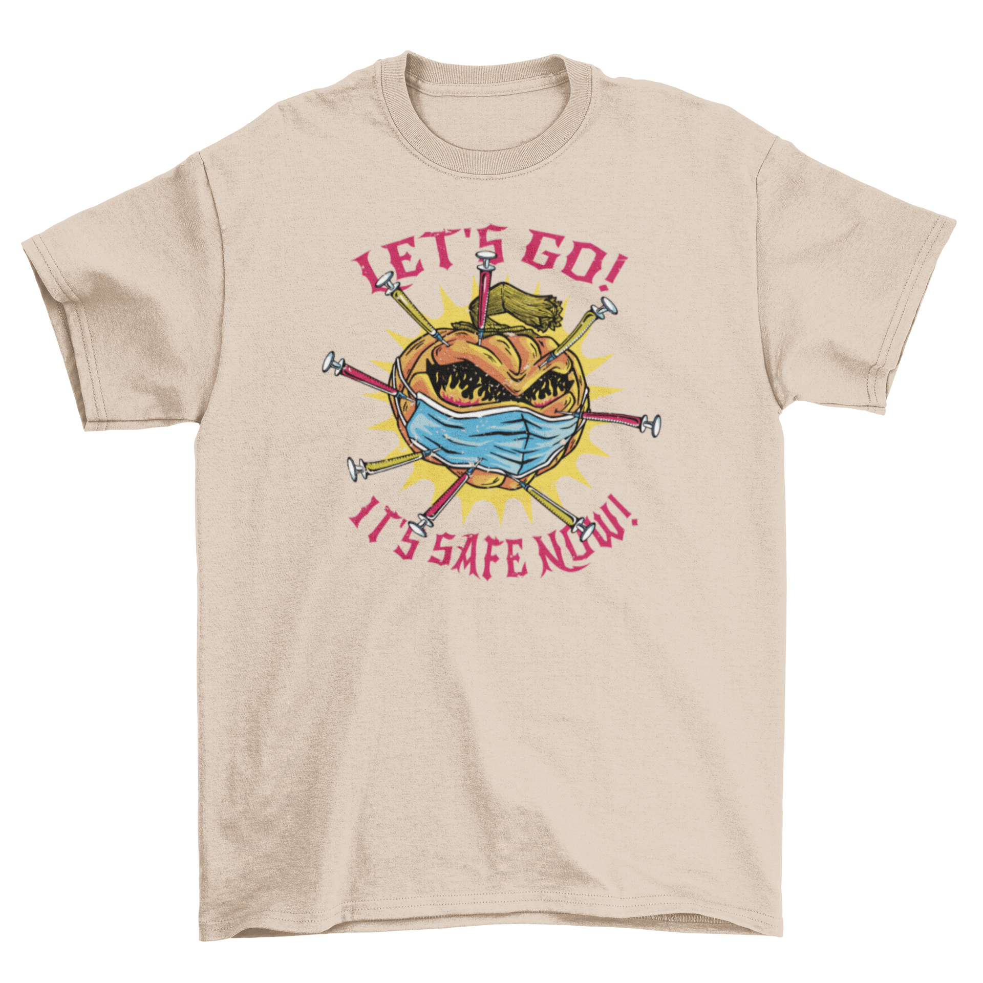 A vibrant t-shirt featuring a pumpkin wearing a face mask and vaccines, with the quote 'Let's go! It's safe now!' printed below.