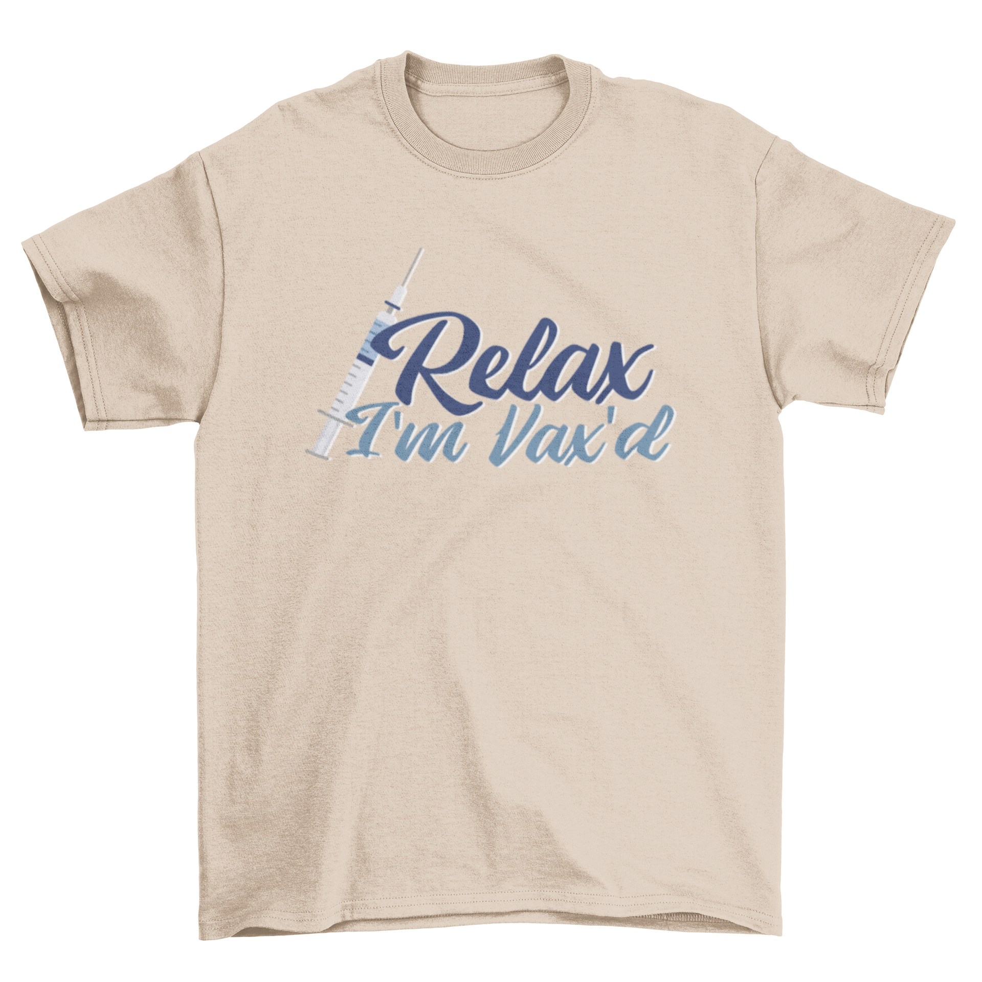 A stylish t-shirt featuring the quote 'Relax I'm vax'd' with a syringe graphic, perfect for vaccinated individuals.