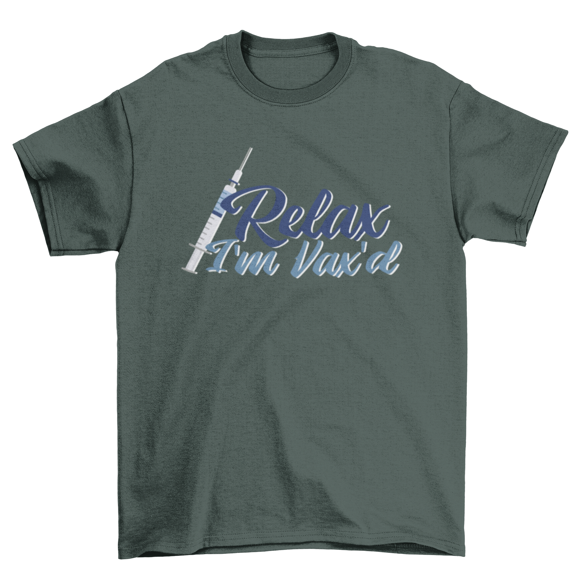A stylish t-shirt featuring the quote 'Relax I'm vax'd' with a syringe graphic, perfect for vaccinated individuals.