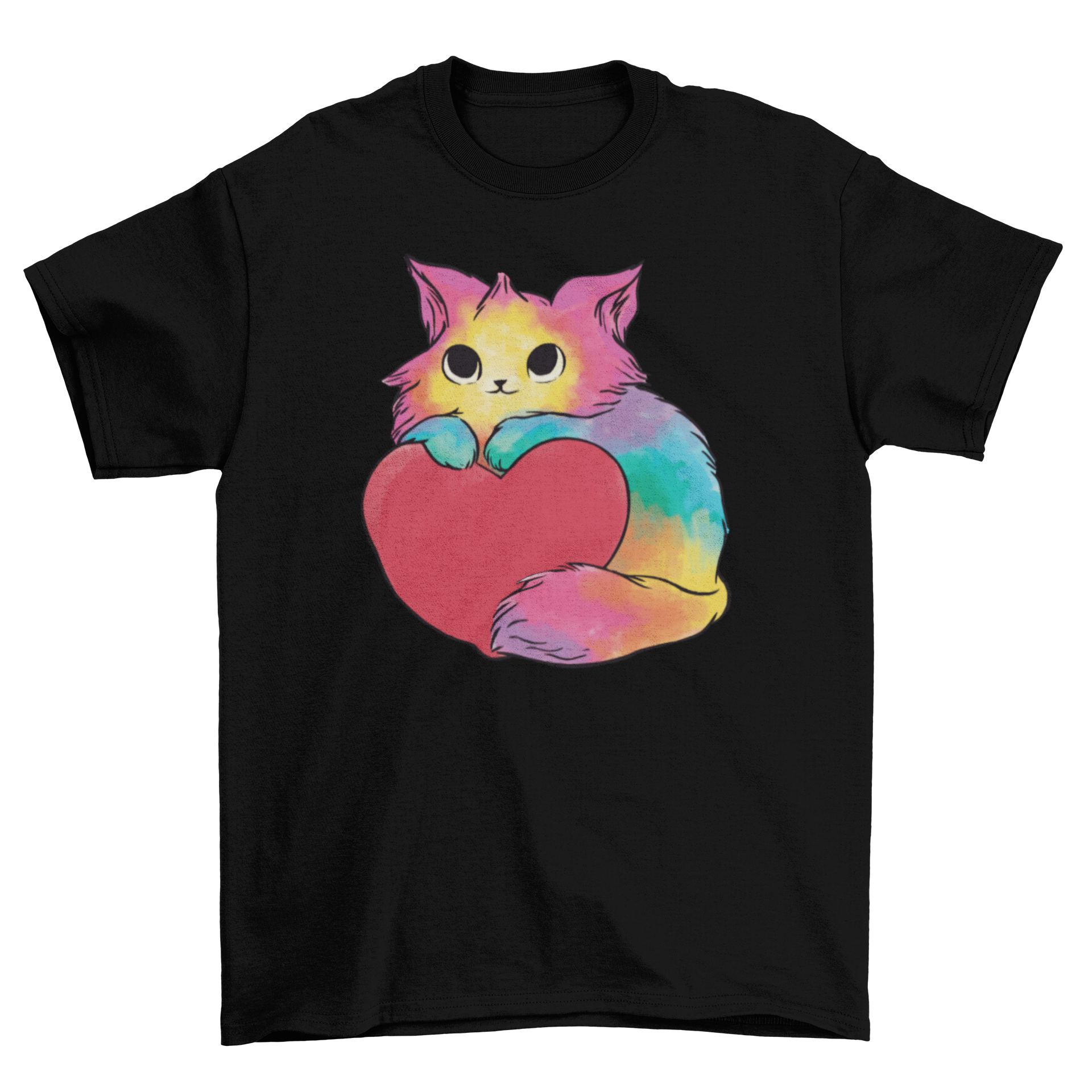Valentine kitten t-shirt featuring a colorful cat holding a heart in watercolor design.