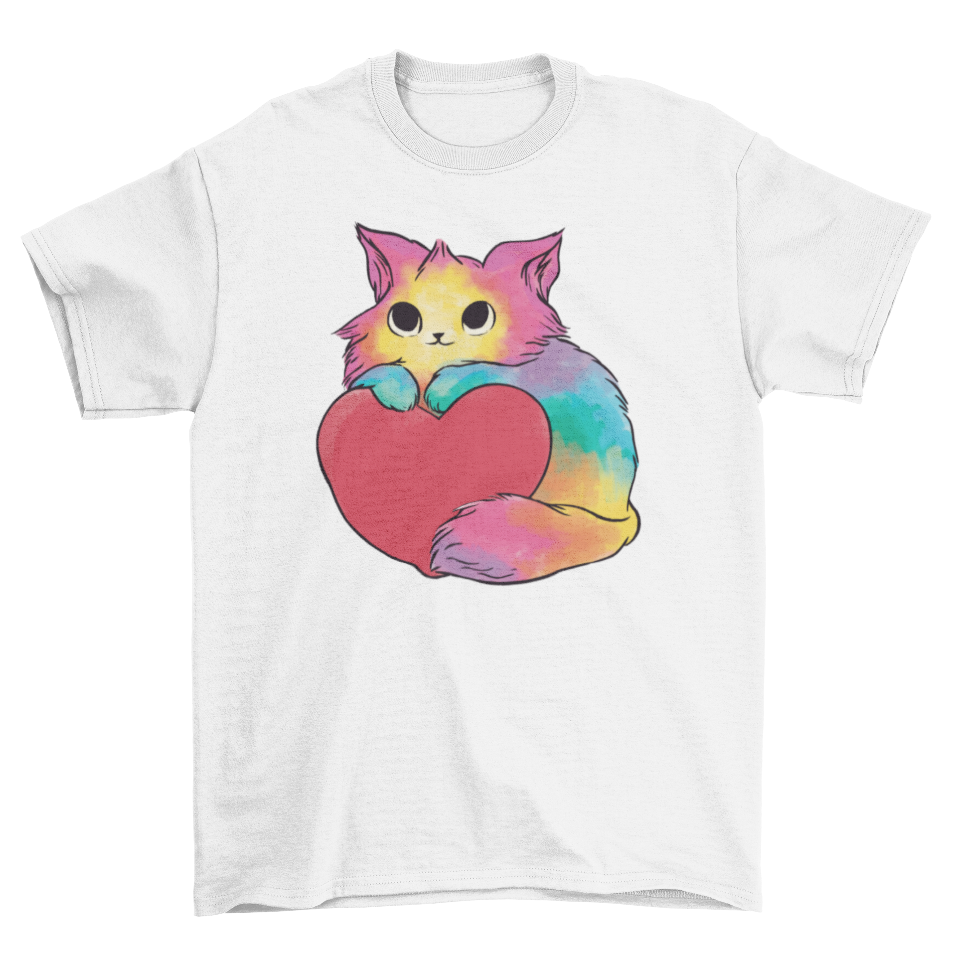 Valentine kitten t-shirt featuring a colorful cat holding a heart in watercolor design.