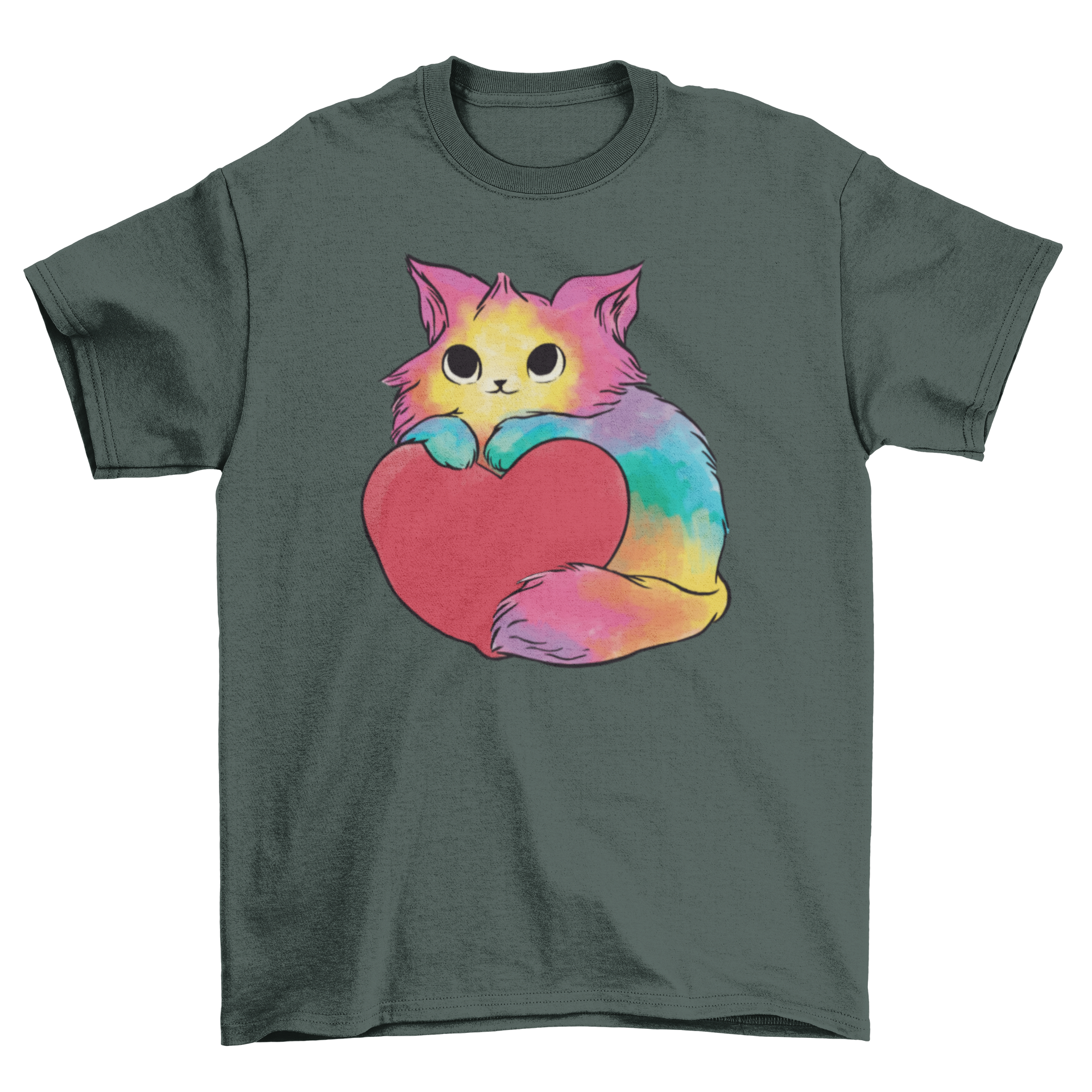 Valentine kitten t-shirt featuring a colorful cat holding a heart in watercolor design.
