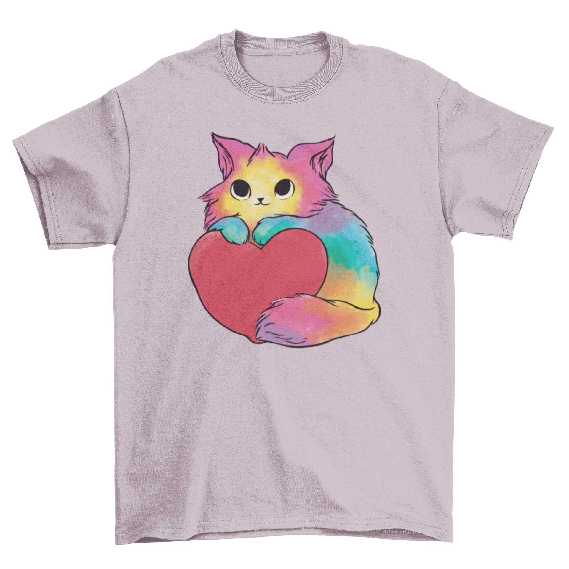 Valentine kitten t-shirt featuring a colorful cat holding a heart in watercolor design.
