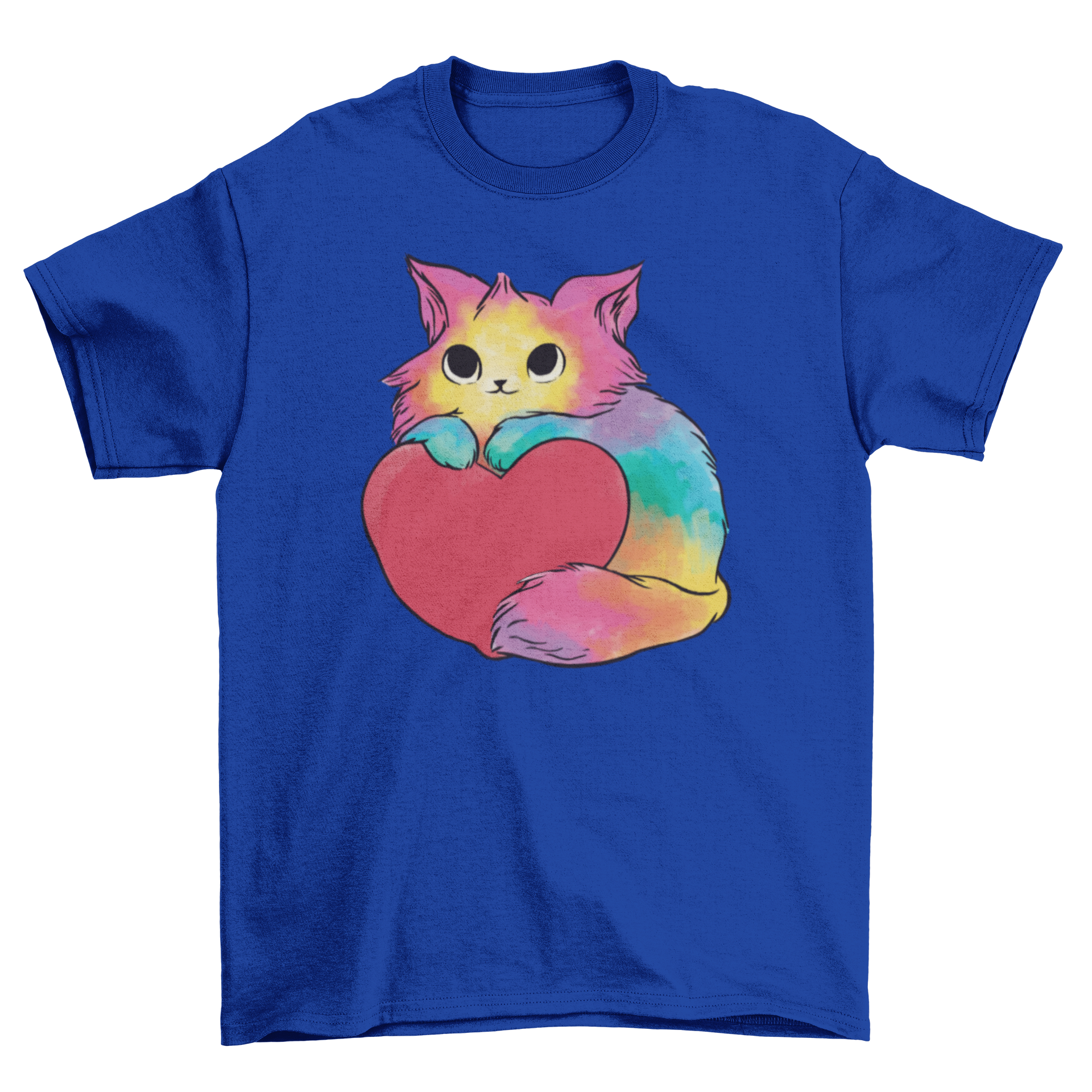 Valentine kitten t-shirt featuring a colorful cat holding a heart in watercolor design.