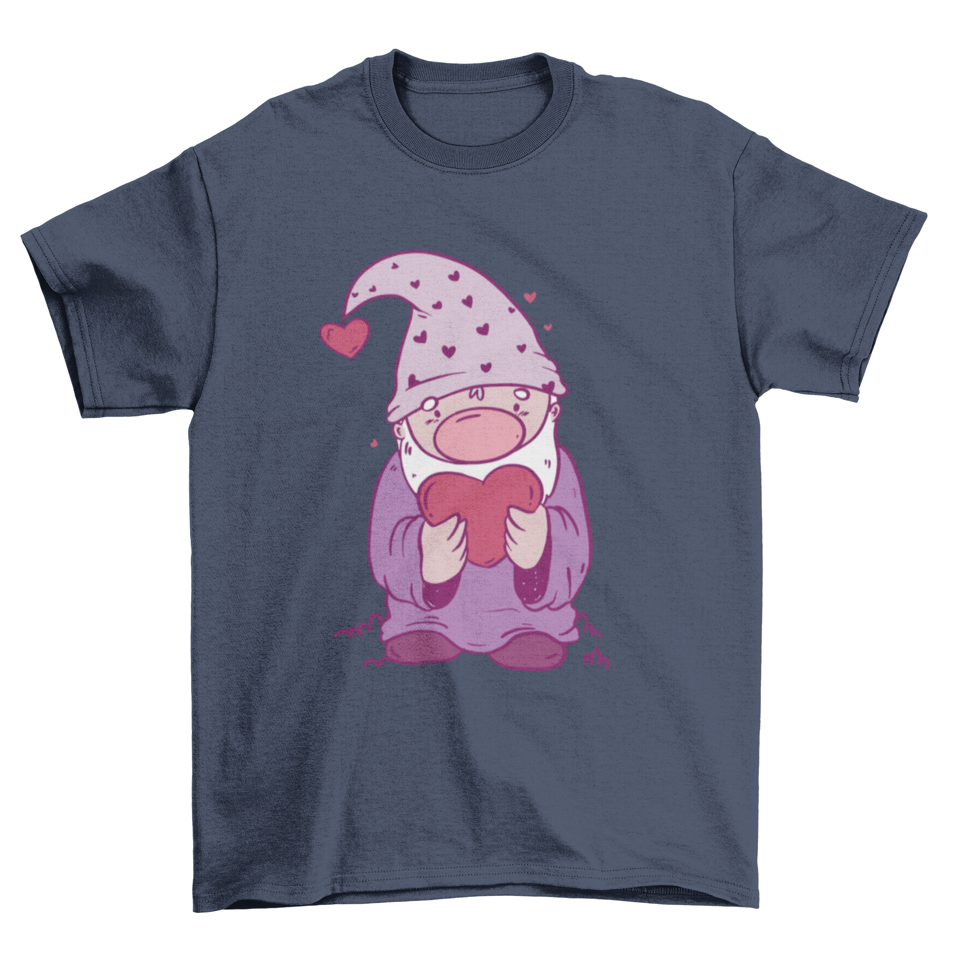 Valentine's Day gnome t-shirt featuring a cute gnome holding a heart, perfect for celebrating love.