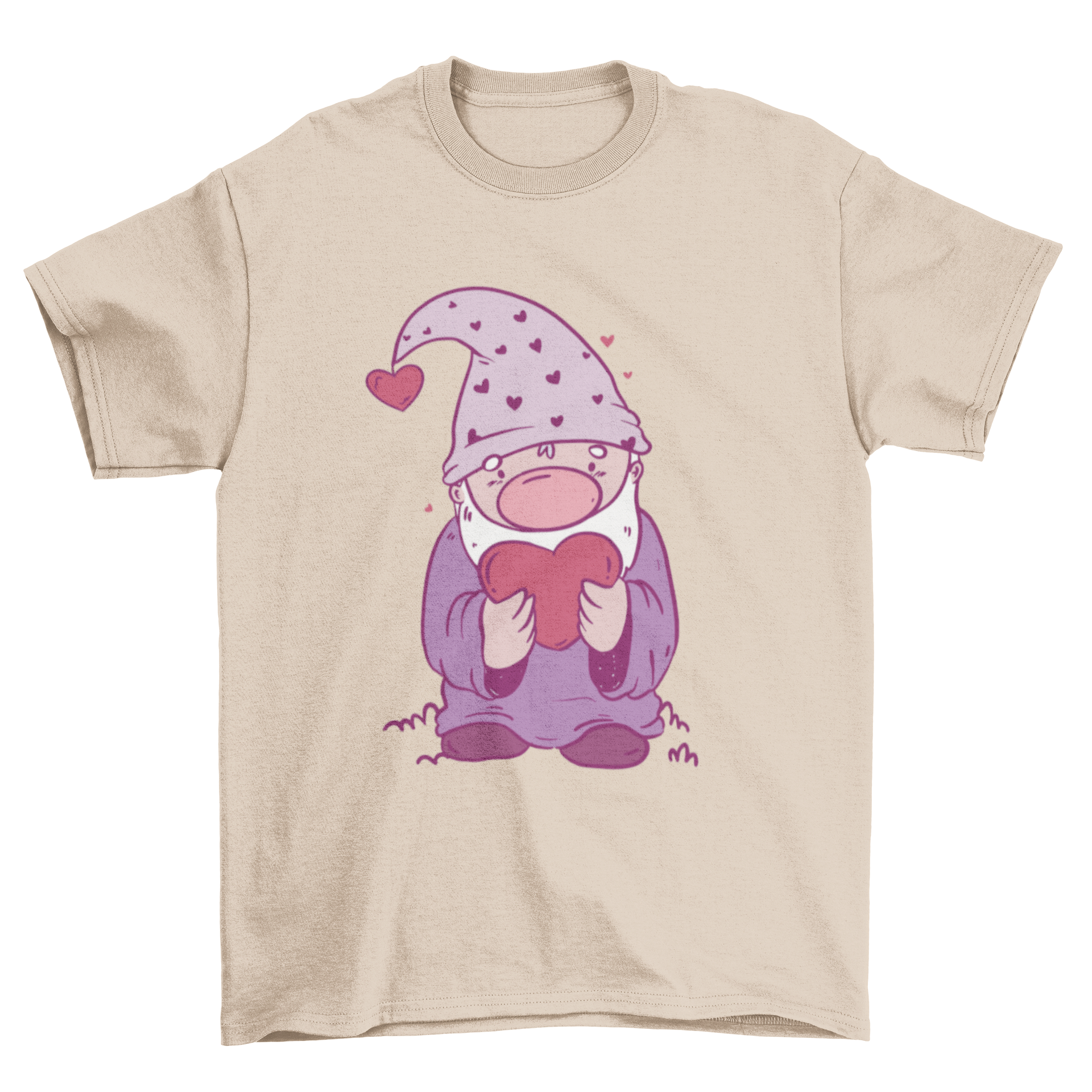 Valentine's Day gnome t-shirt featuring a cute gnome holding a heart, perfect for celebrating love.