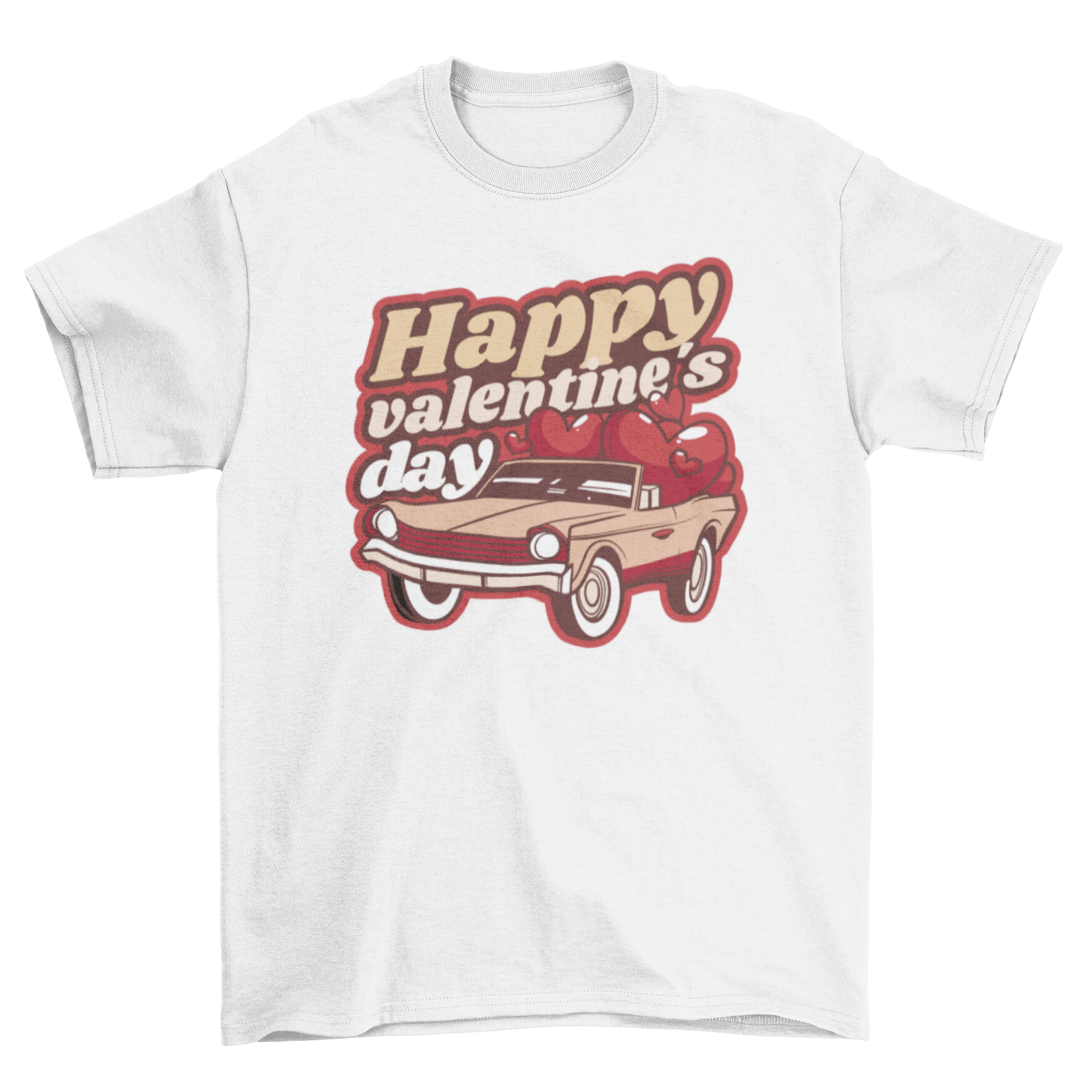 A red vintage car t-shirt featuring the quote 'Happy Valentine's Day' with hearts, perfect for celebrating love.