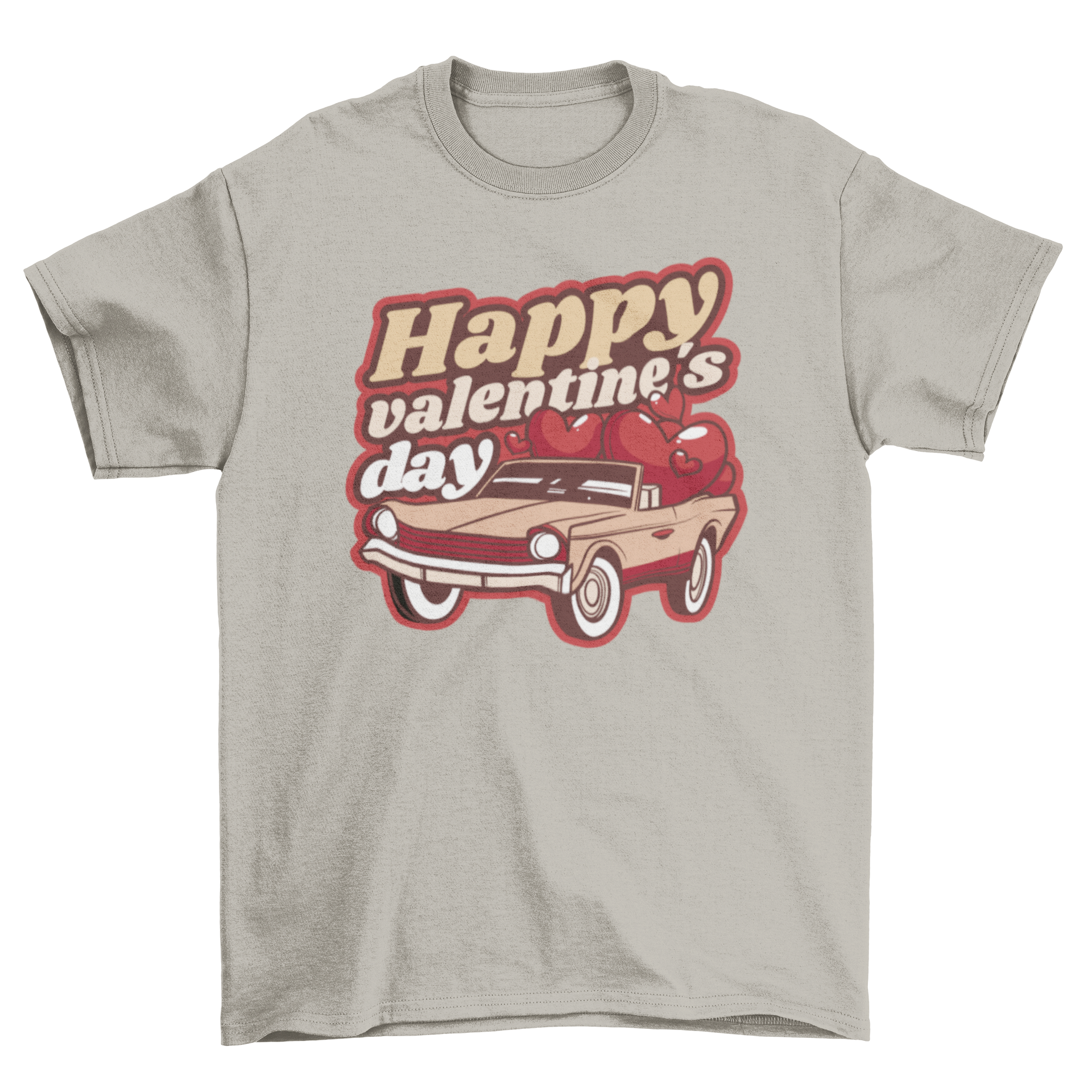 A red vintage car t-shirt featuring the quote 'Happy Valentine's Day' with hearts, perfect for celebrating love.