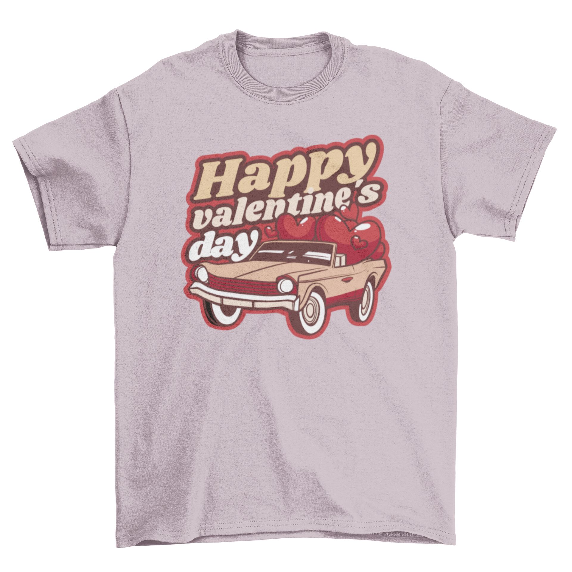 A red vintage car t-shirt featuring the quote 'Happy Valentine's Day' with hearts, perfect for celebrating love.