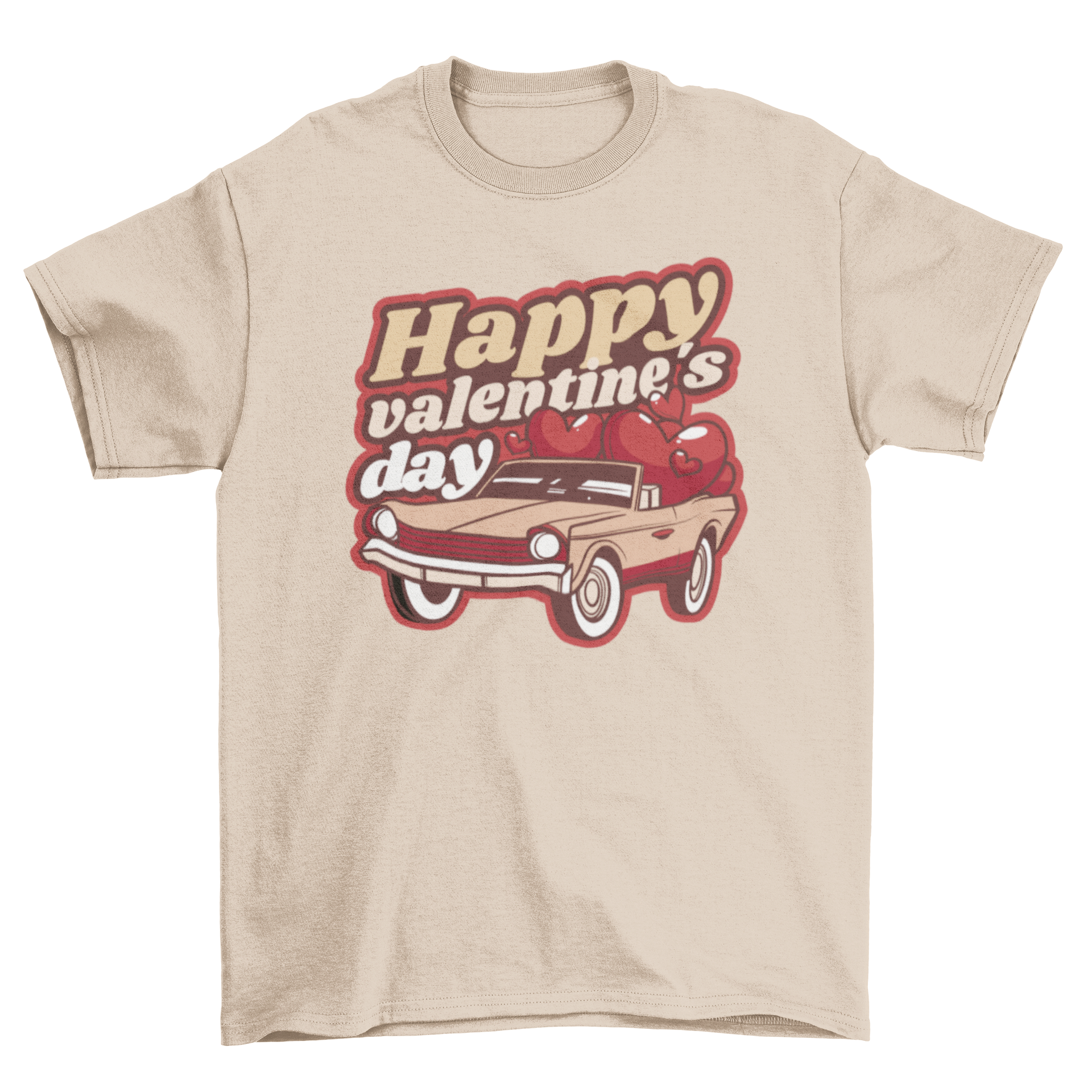 A red vintage car t-shirt featuring the quote 'Happy Valentine's Day' with hearts, perfect for celebrating love.
