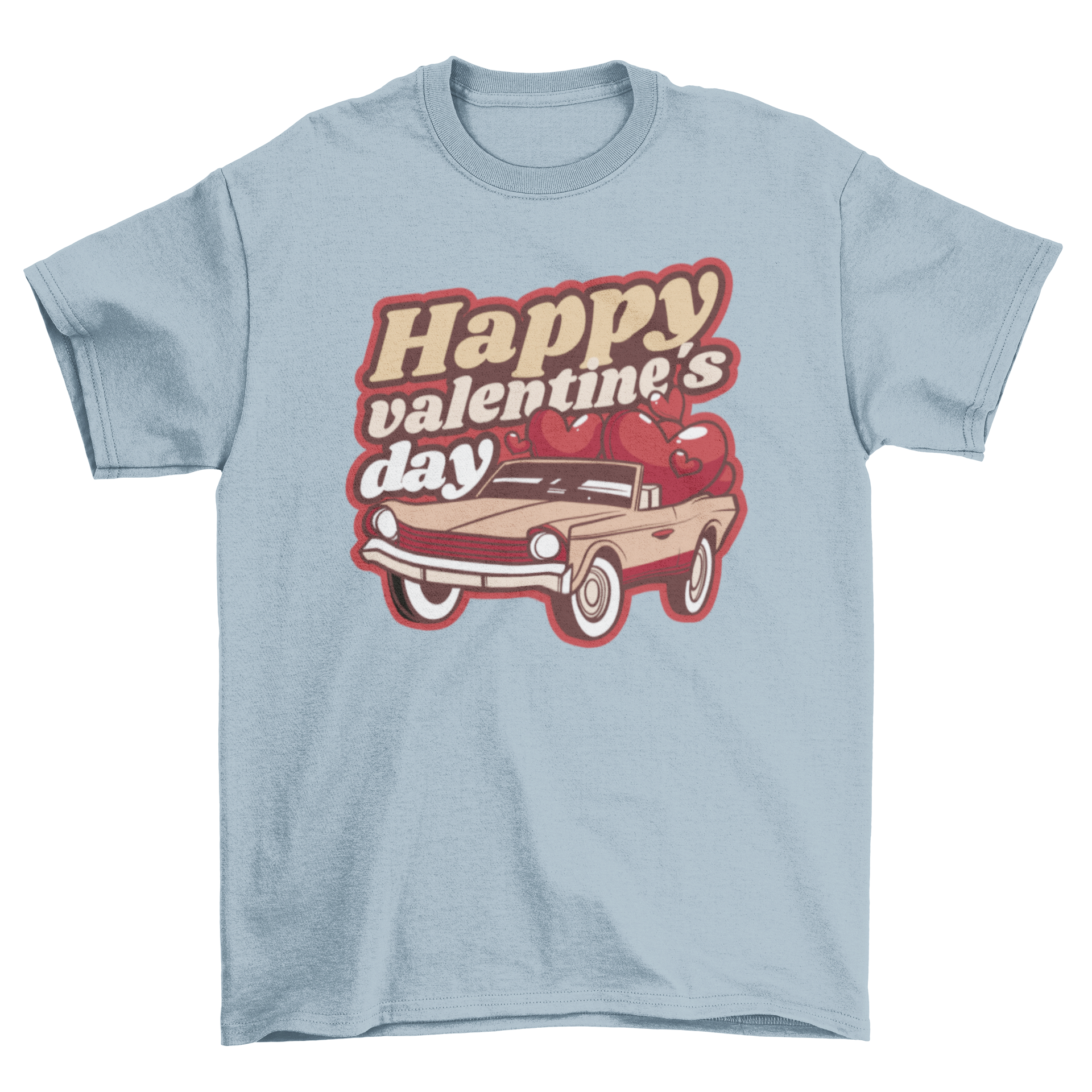 A red vintage car t-shirt featuring the quote 'Happy Valentine's Day' with hearts, perfect for celebrating love.