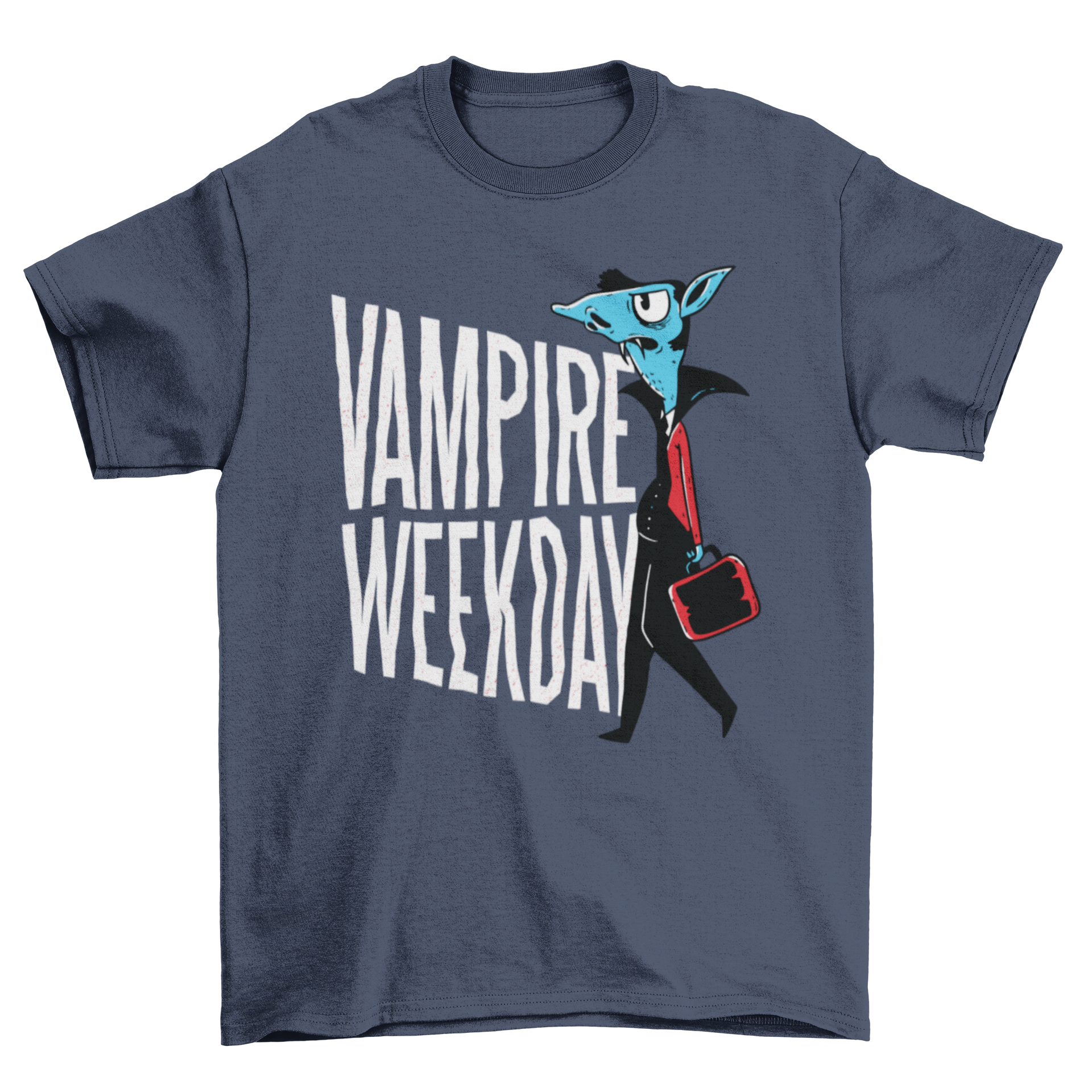 A humorous Vampire Funny T-shirt featuring a vampire character going to work with the text 'VAMPIRE WEEKDAY'.