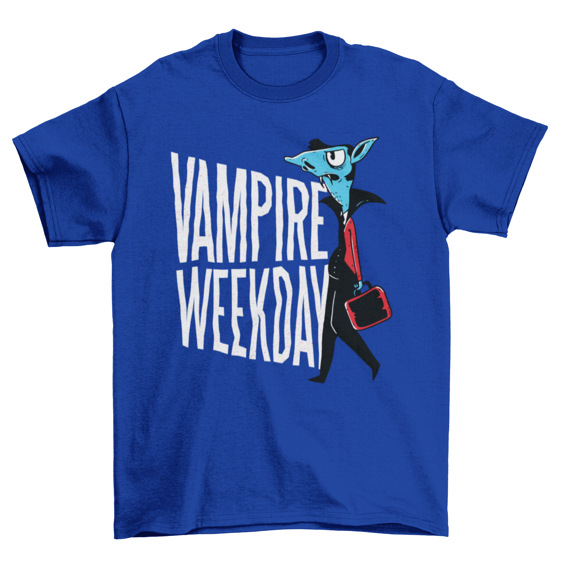 A humorous Vampire Funny T-shirt featuring a vampire character going to work with the text 'VAMPIRE WEEKDAY'.