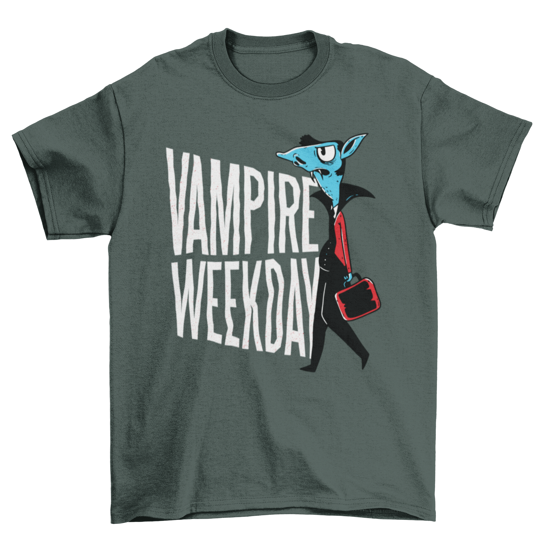 A humorous Vampire Funny T-shirt featuring a vampire character going to work with the text 'VAMPIRE WEEKDAY'.