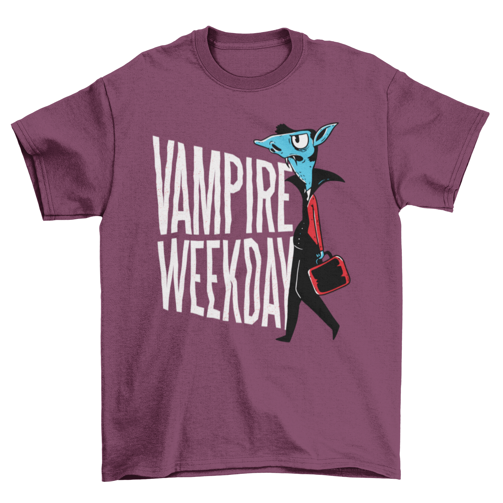 A humorous Vampire Funny T-shirt featuring a vampire character going to work with the text 'VAMPIRE WEEKDAY'.