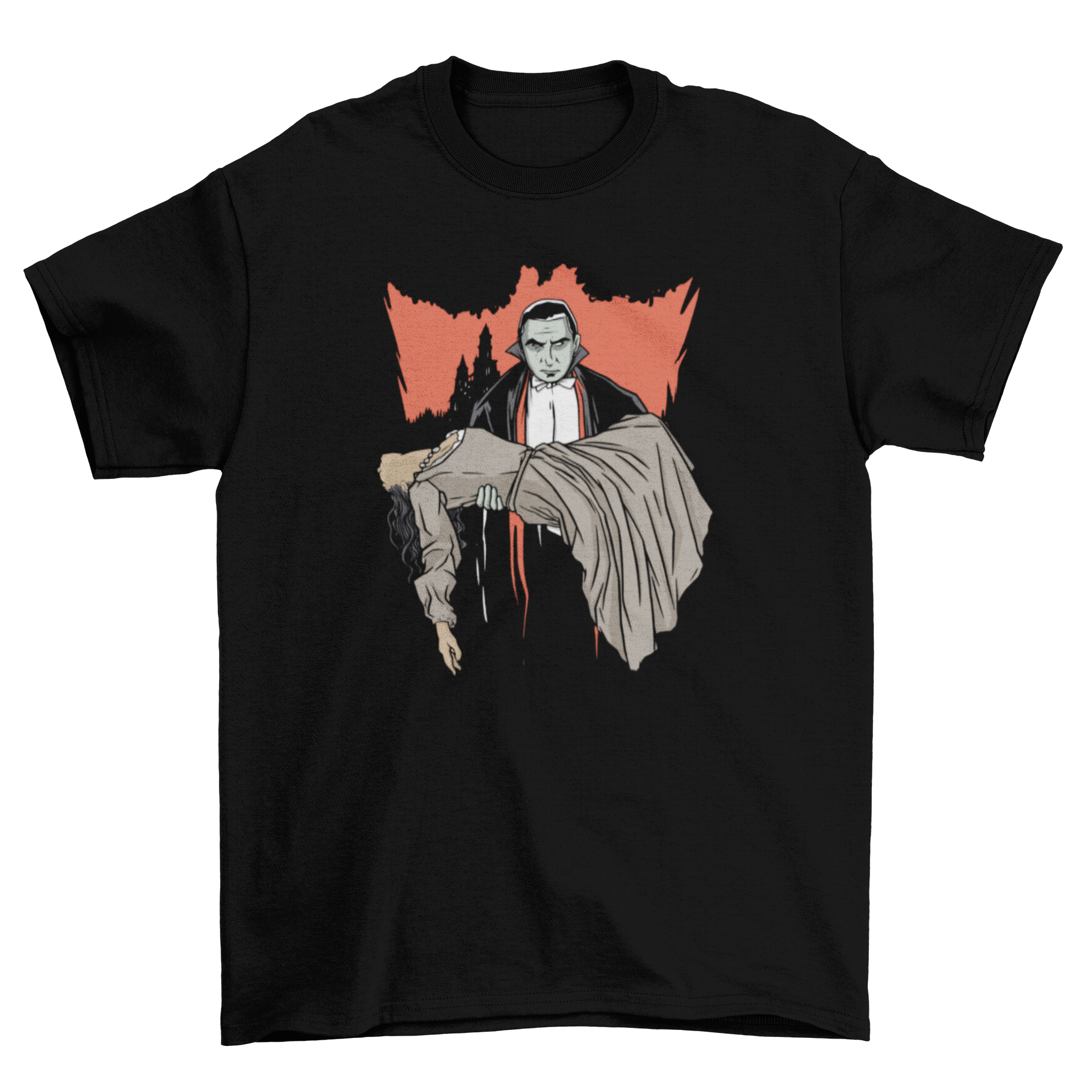 A spooky t-shirt featuring an illustration of Dracula carrying a woman, perfect for Halloween and horror fans.