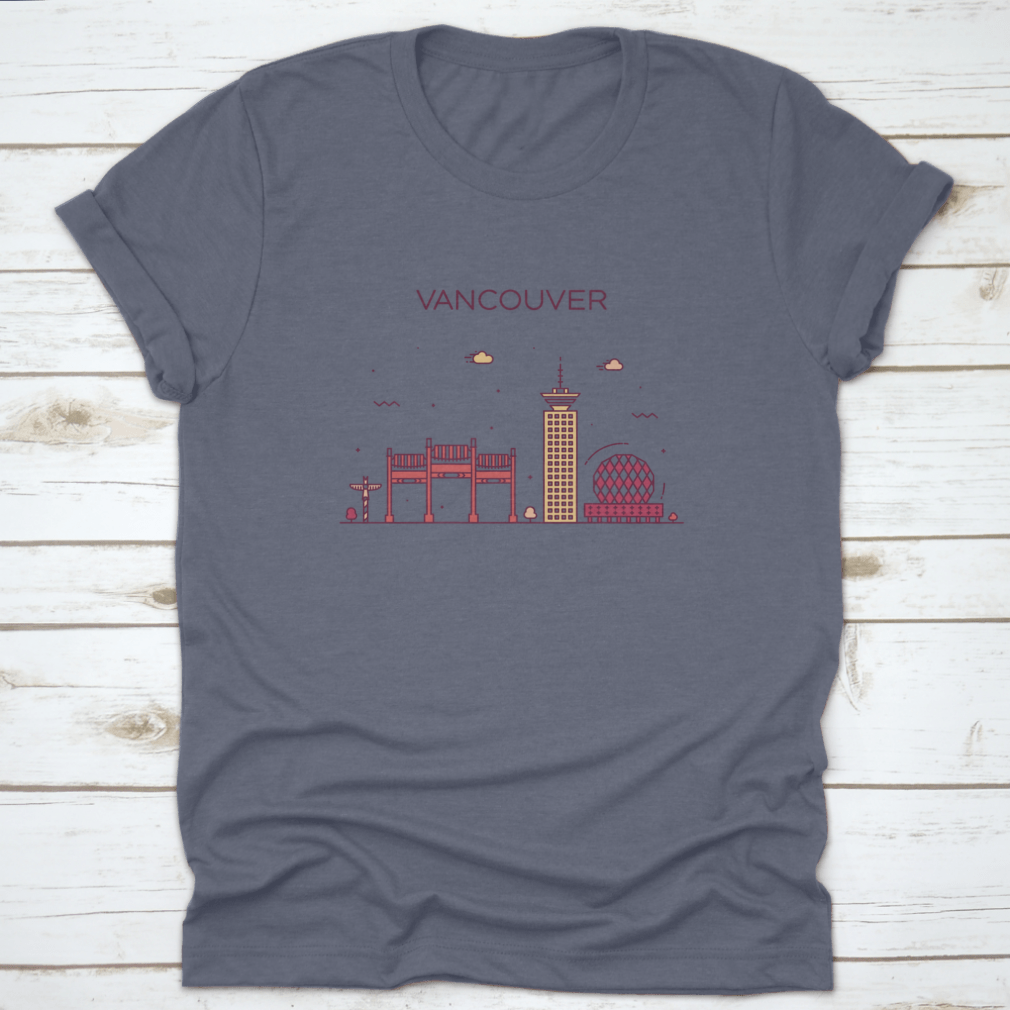 A stylish t-shirt featuring the Vancouver City Skyline in a trendy linear design, made from 100% cotton.