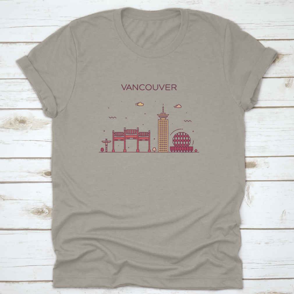 A stylish t-shirt featuring the Vancouver City Skyline in a trendy linear design, made from 100% cotton.