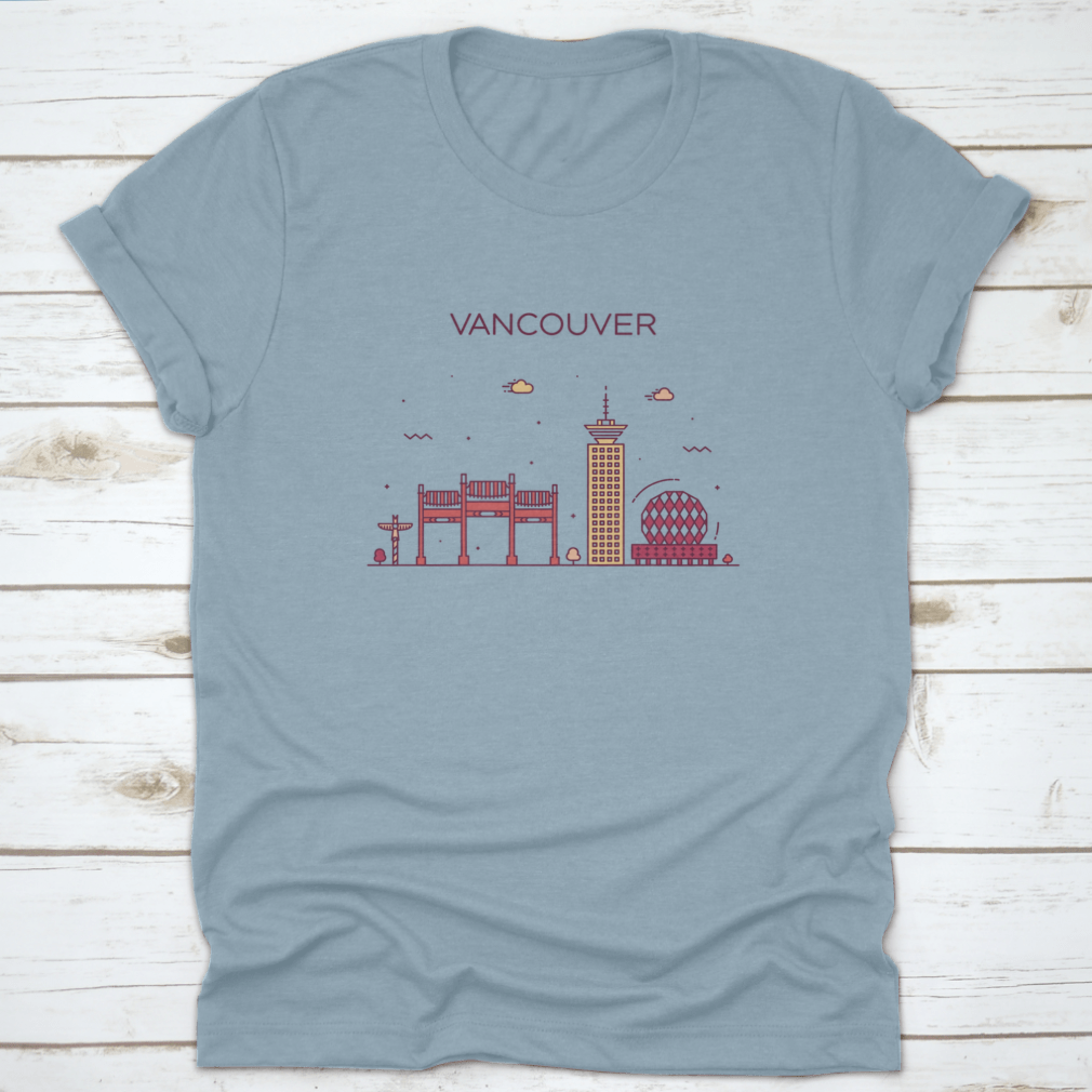 A stylish t-shirt featuring the Vancouver City Skyline in a trendy linear design, made from 100% cotton.