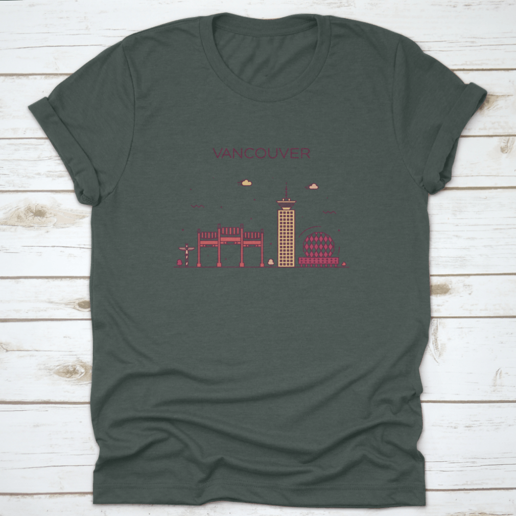 A stylish t-shirt featuring the Vancouver City Skyline in a trendy linear design, made from 100% cotton.