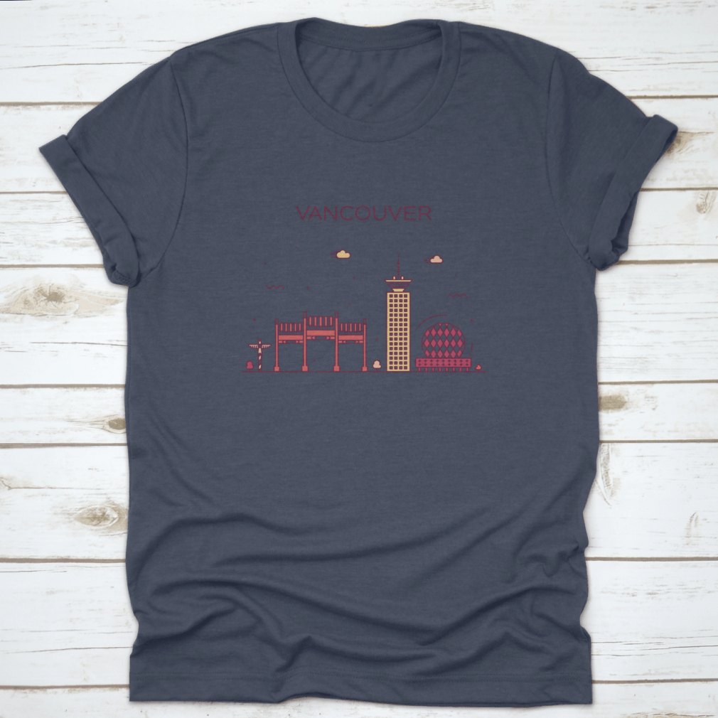 A stylish t-shirt featuring the Vancouver City Skyline in a trendy linear design, made from 100% cotton.